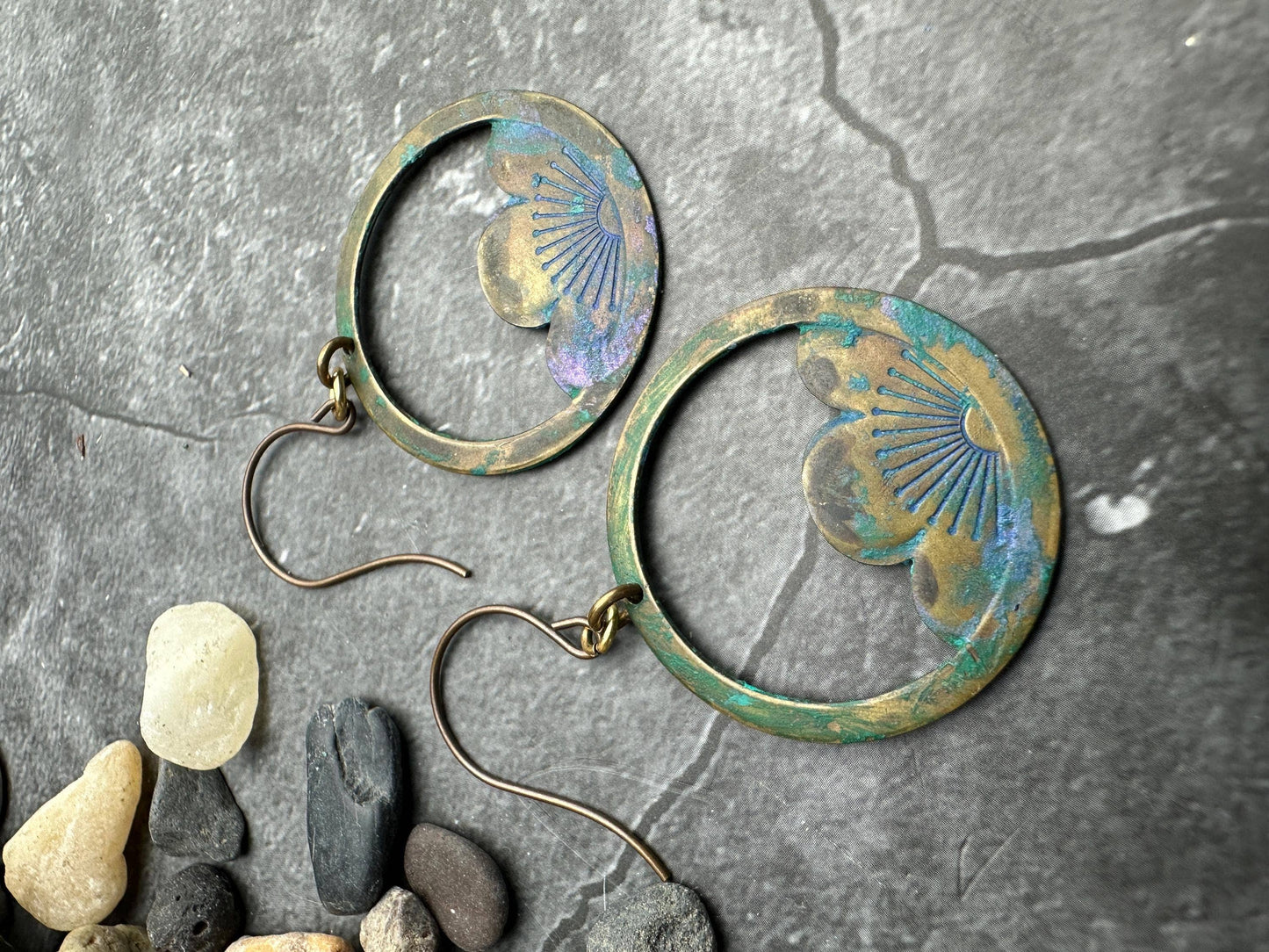 Flower Hoop Earrings- Handmade Solid Brass Hand Patina