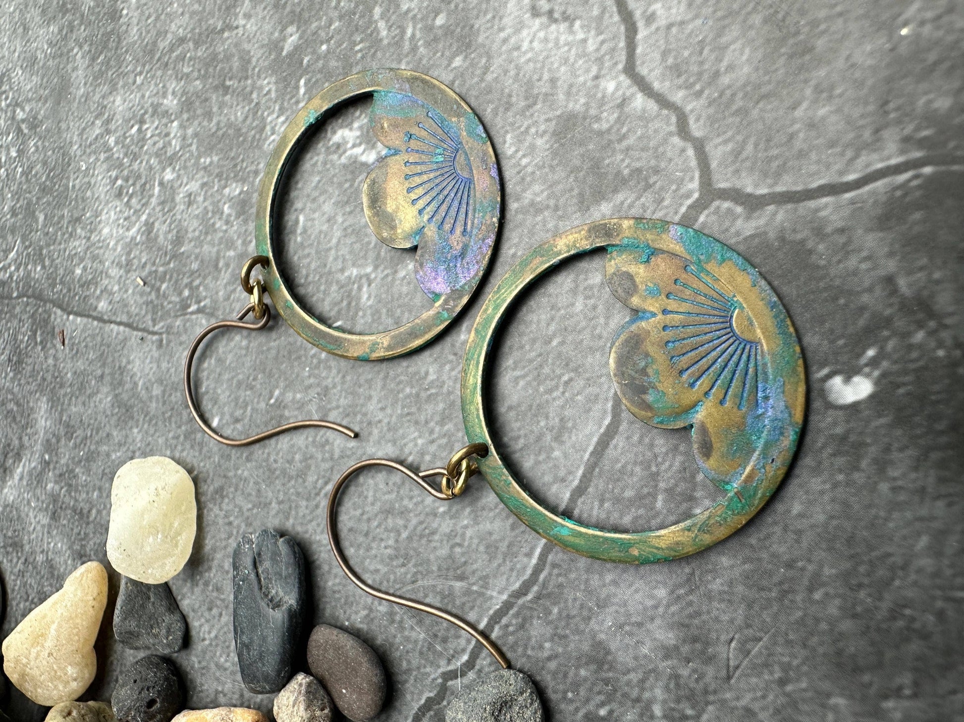 Flower Hoop Earrings- Handmade Solid Brass Hand Patina