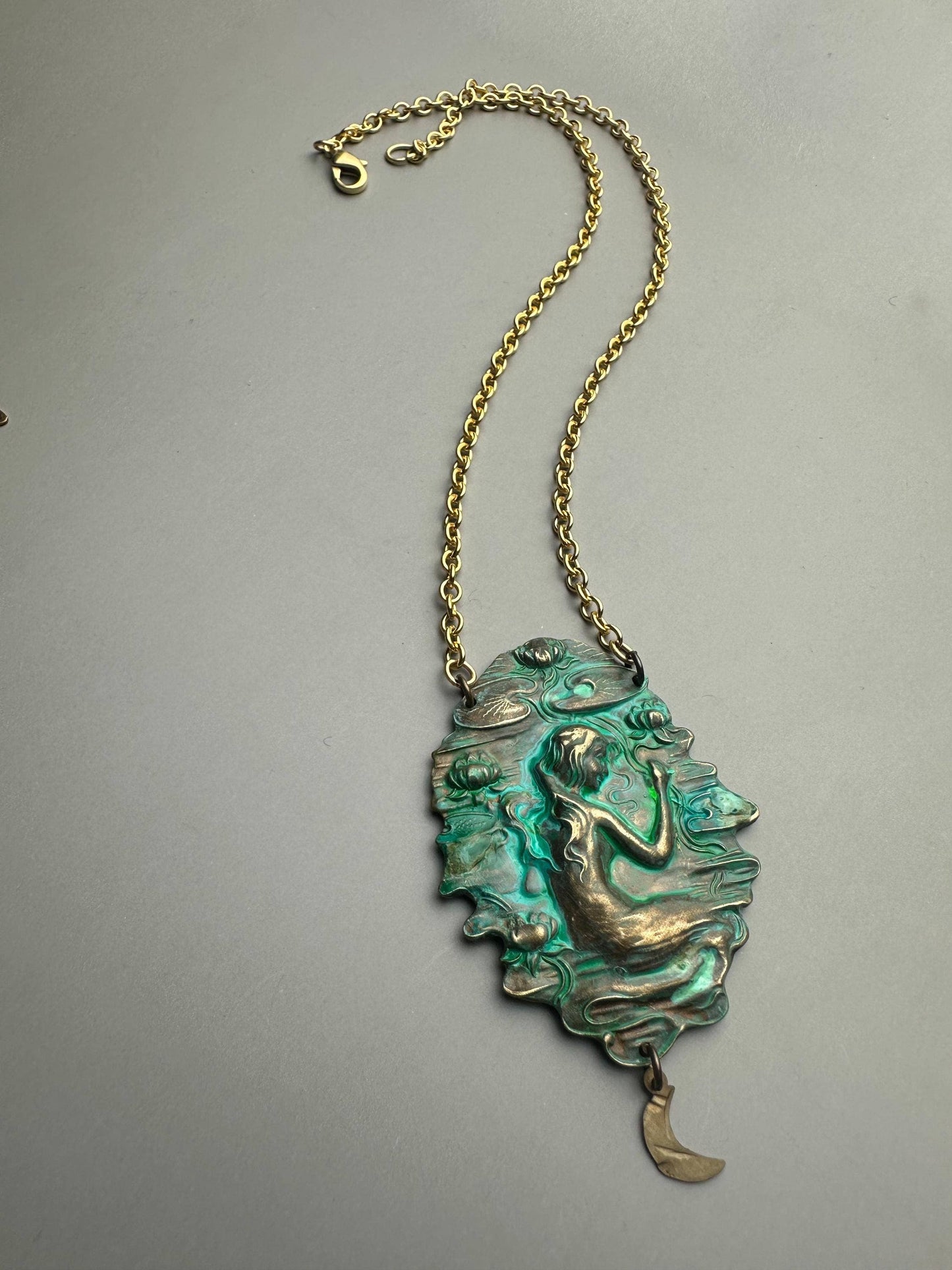 Art Nouveau Goddess Necklace - Verdigris Patina Pendant