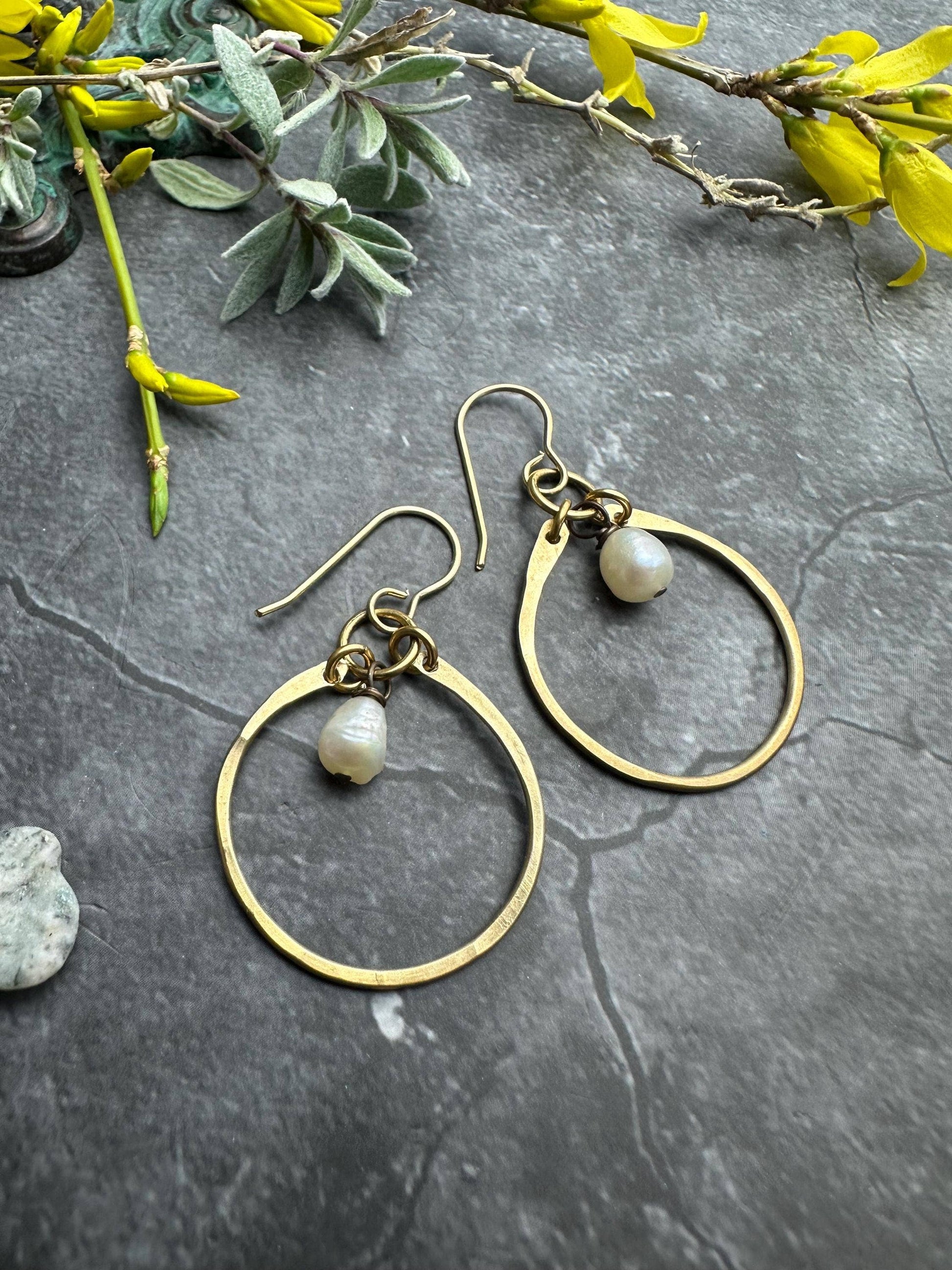 Freshwater Pearl Hoop Earrings - Brass Hoops