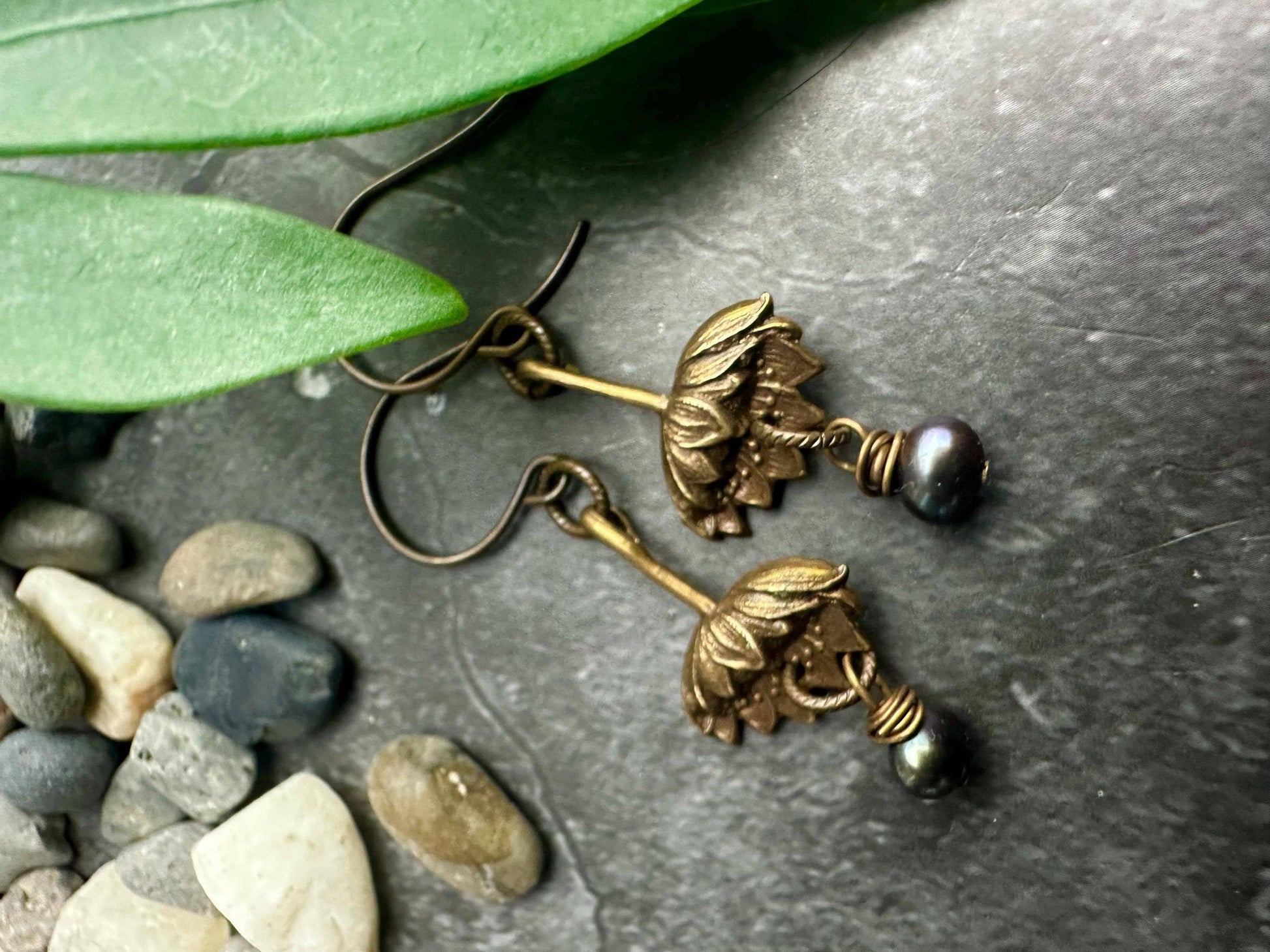 Lotus Flower Pearl Earrings - Handcrafted Brass