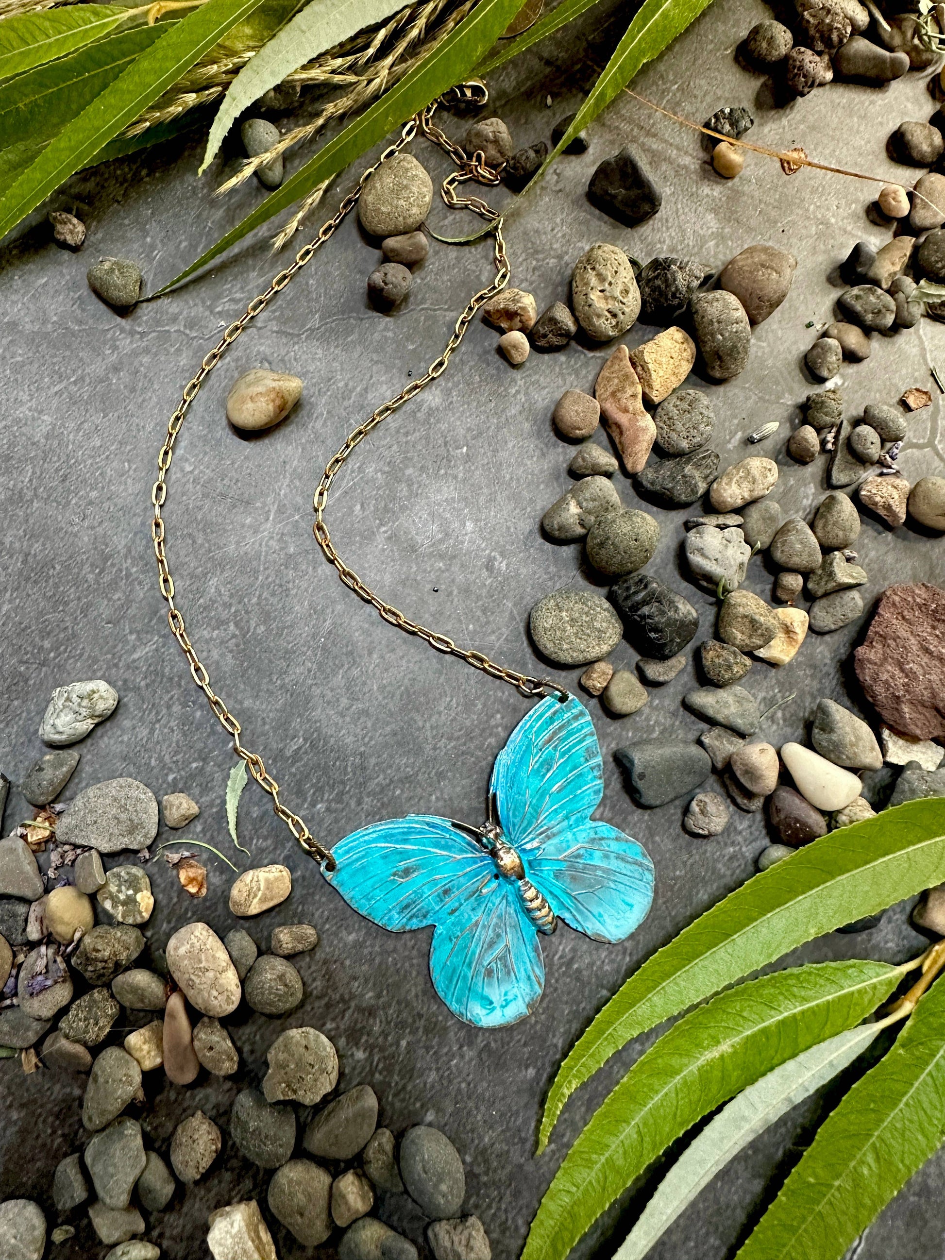 Verdigris Butterfly Necklace- Handmade Patina Solid Brass