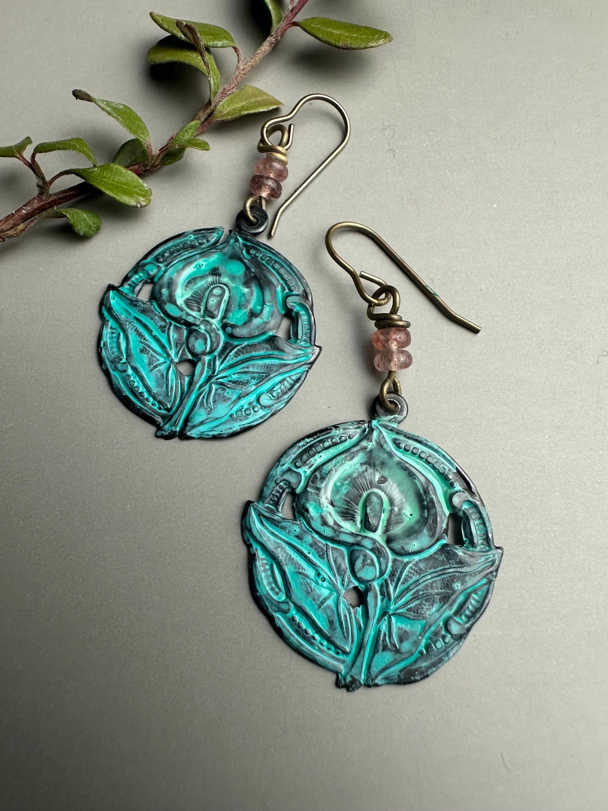 Verdigris Lily Earrings with Rose Quartz