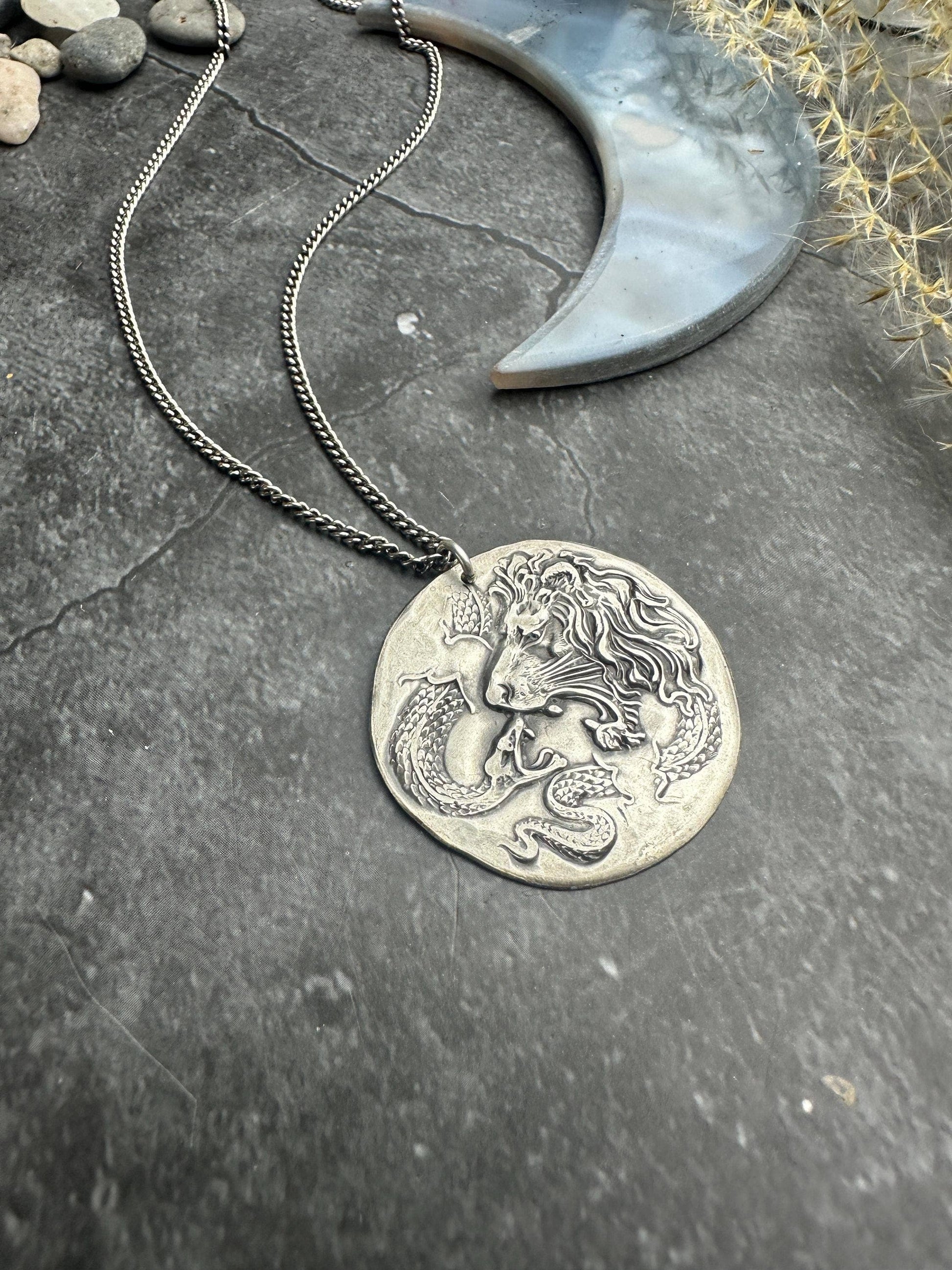 Lion & Snake Amulet Coin Medallion Necklace