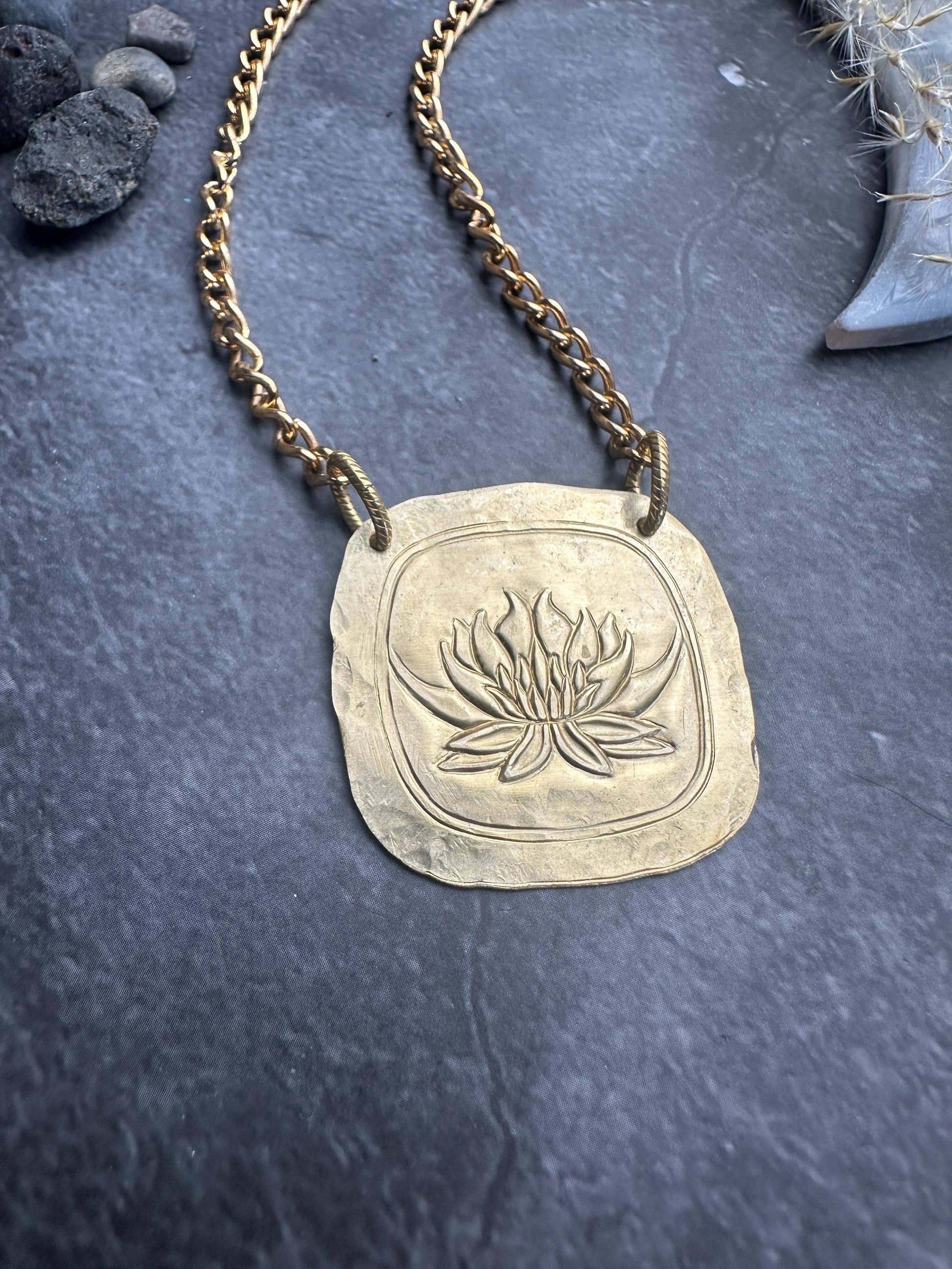Lotus Geometric Square Pendant Necklace - Solid Brass