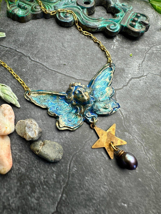 Butterfly Goddess Necklace, Art Nouveau Brass Patina Pendant