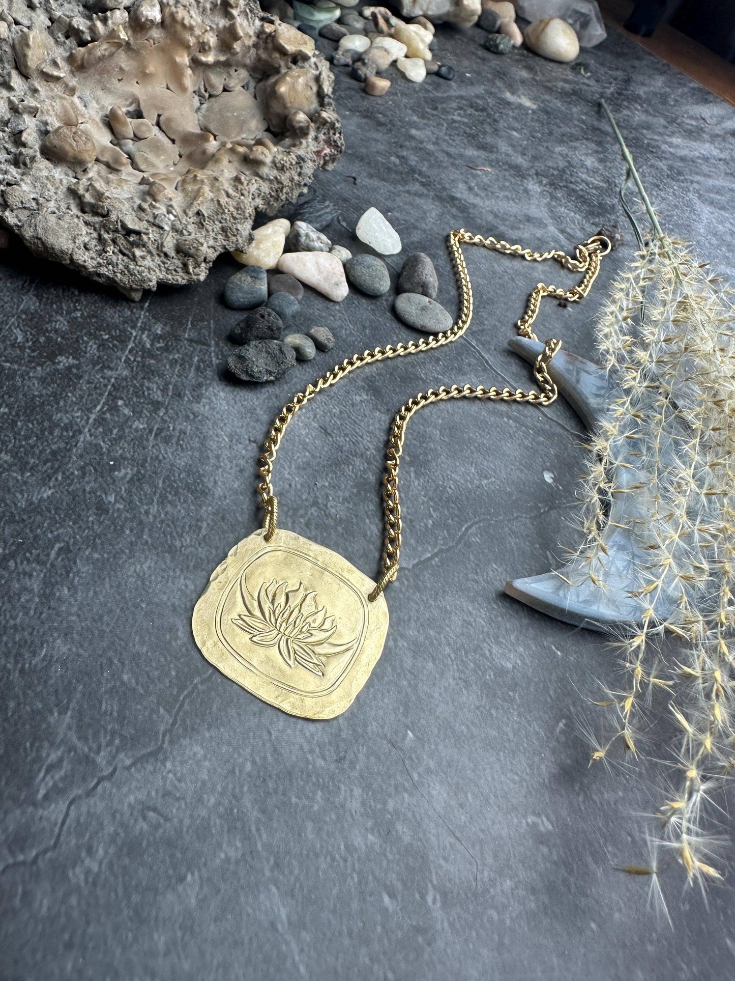 Lotus Geometric Square Pendant Necklace - Solid Brass