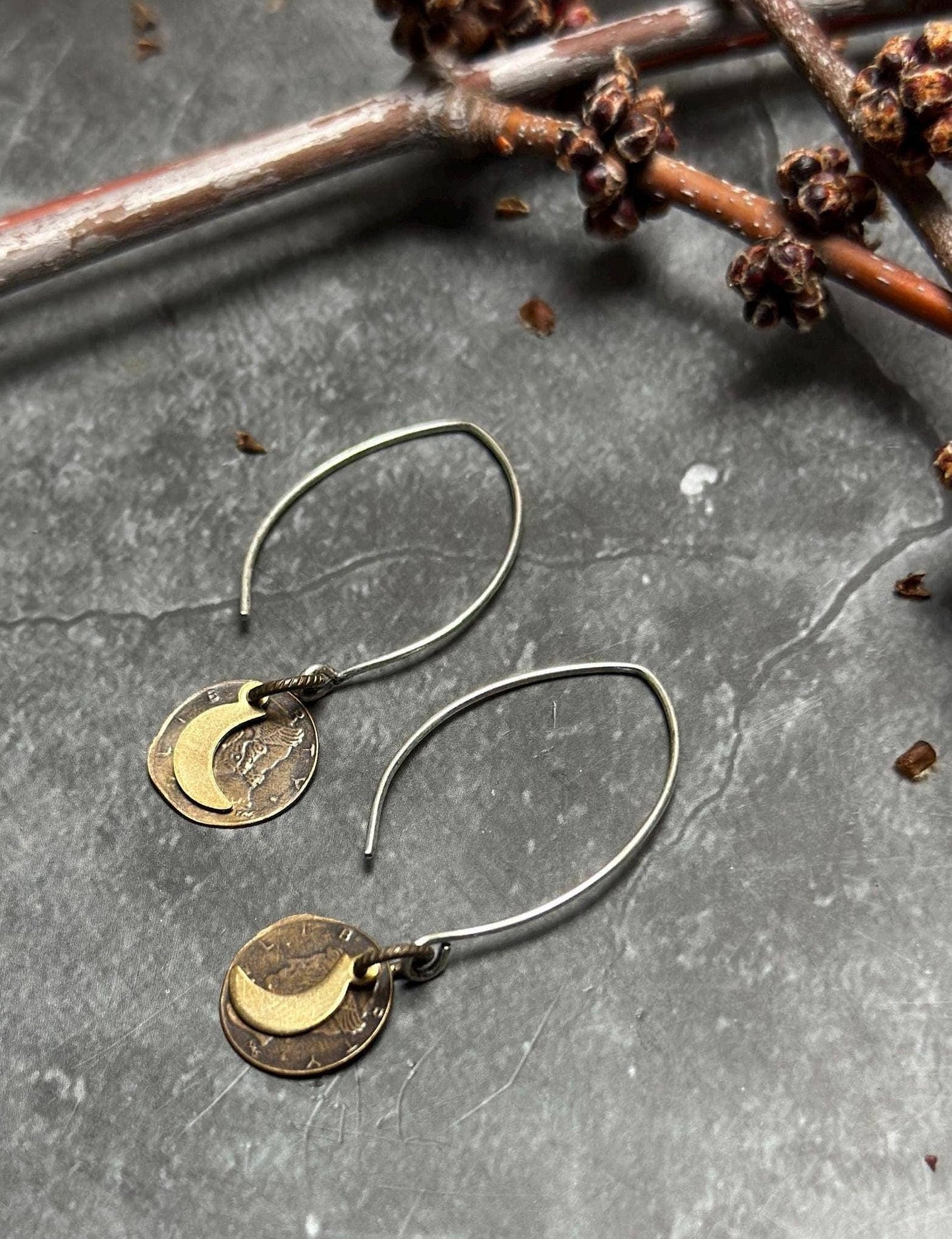 Handcrafted Brass Crescent Moon Coin Earrings
