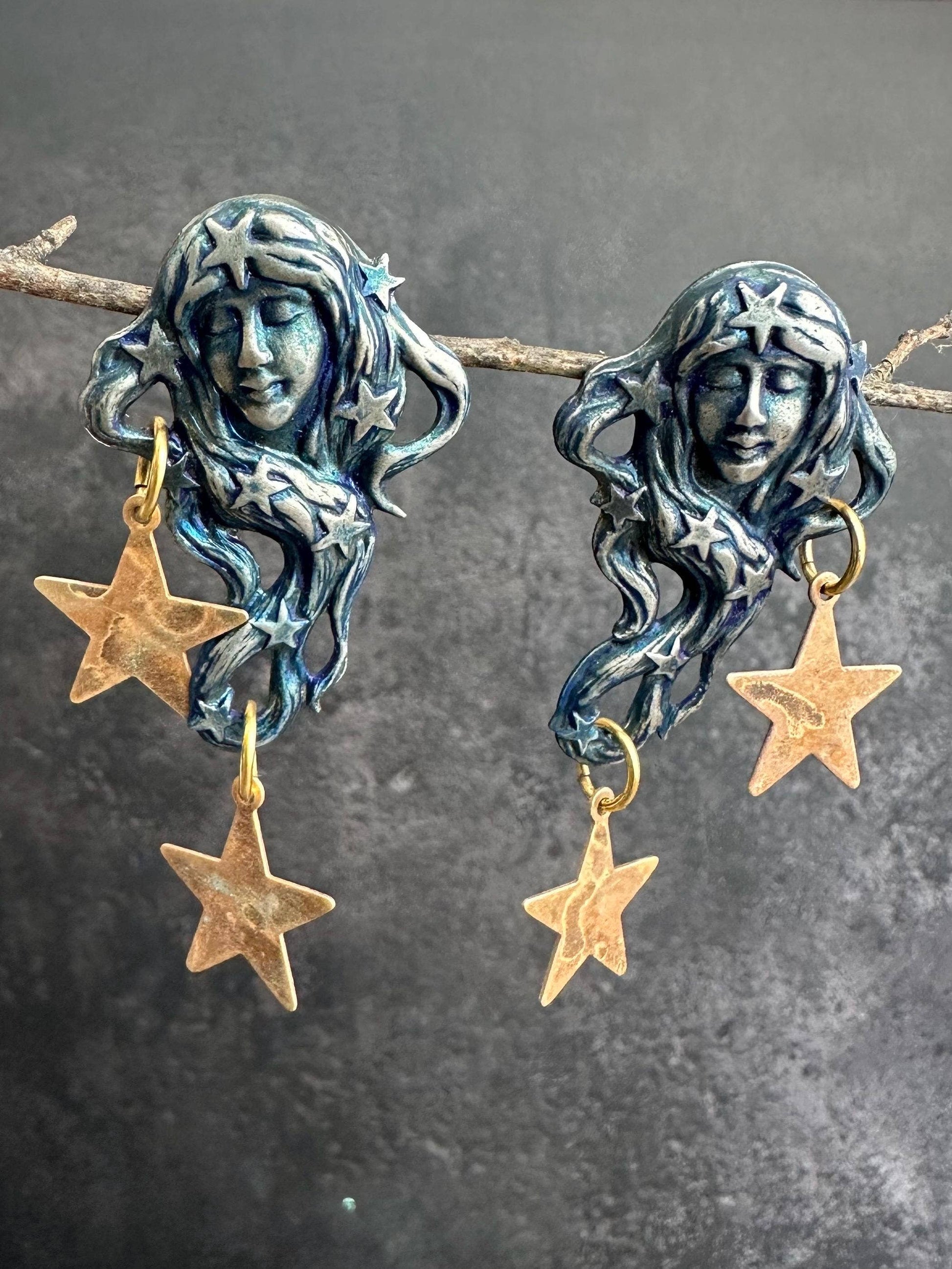 Star Maiden Earrings, Patina Face, Cosmic Goddess Statement