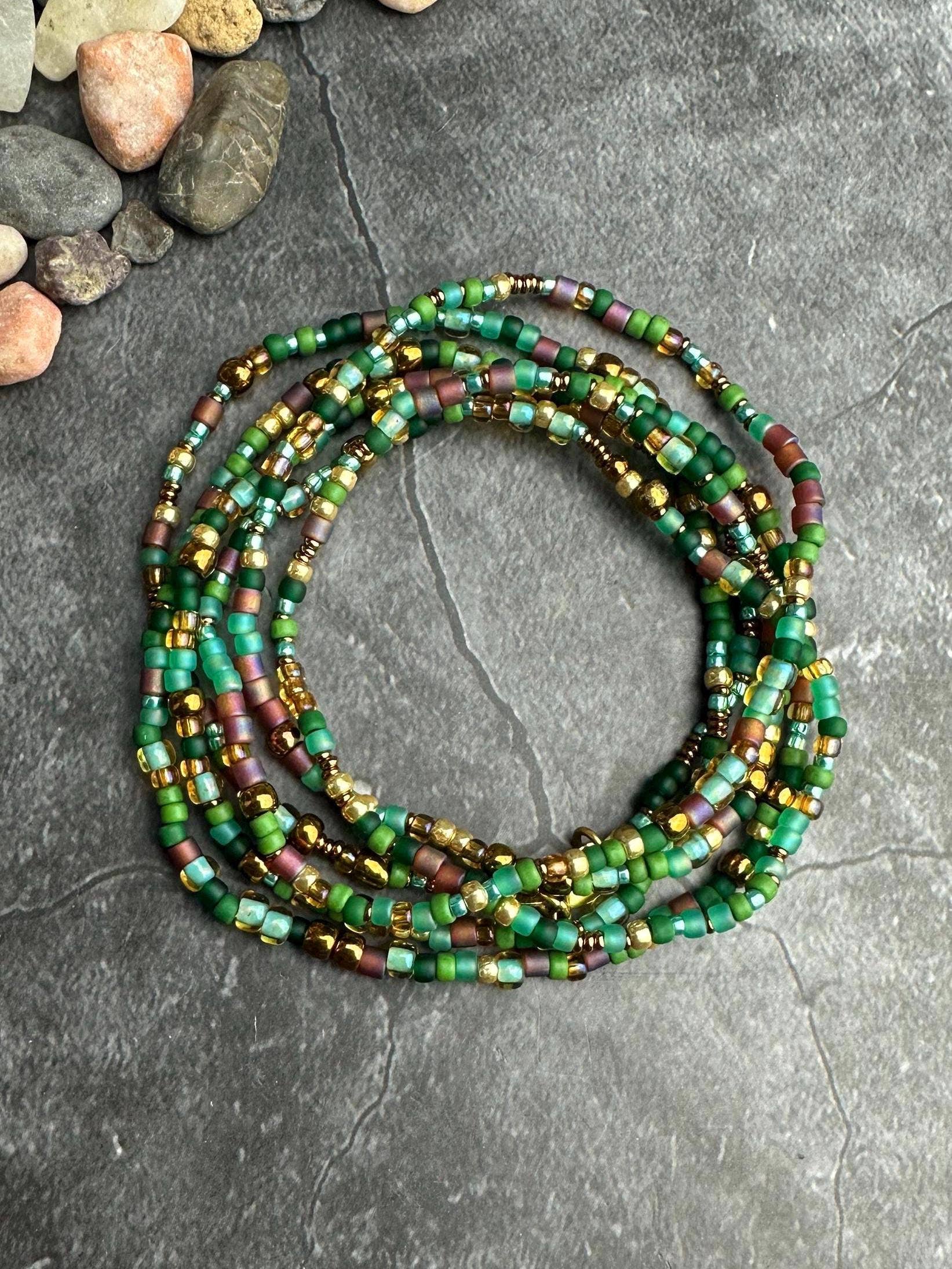 Seed Bead Wrap Bracelet - Green Brown Layering Bracelet