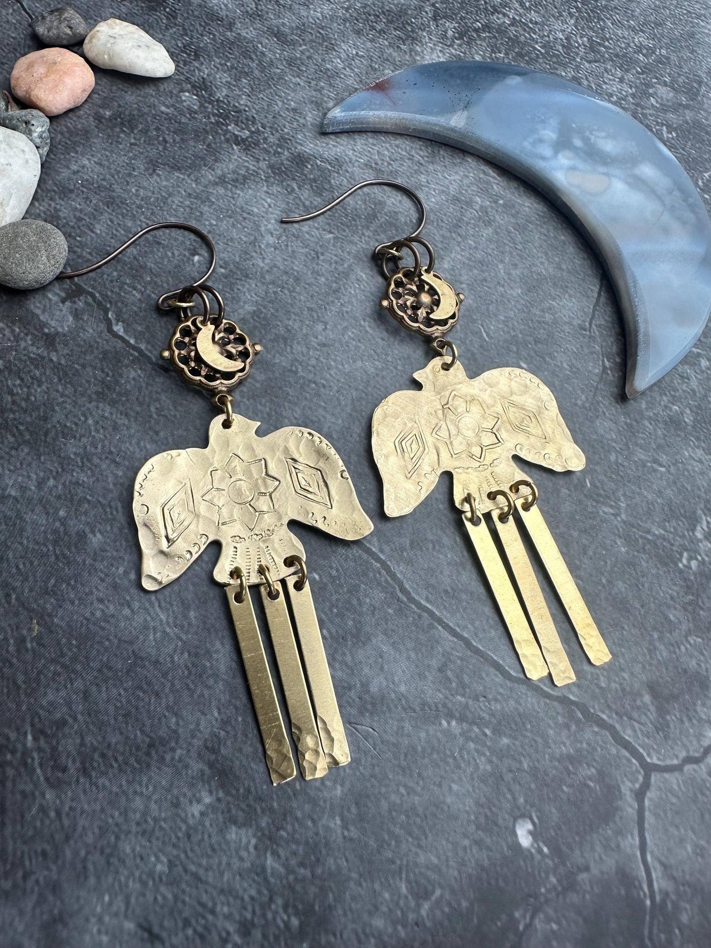 Thunderbird Moon Earrings - Brass Bird Celestial Dangles