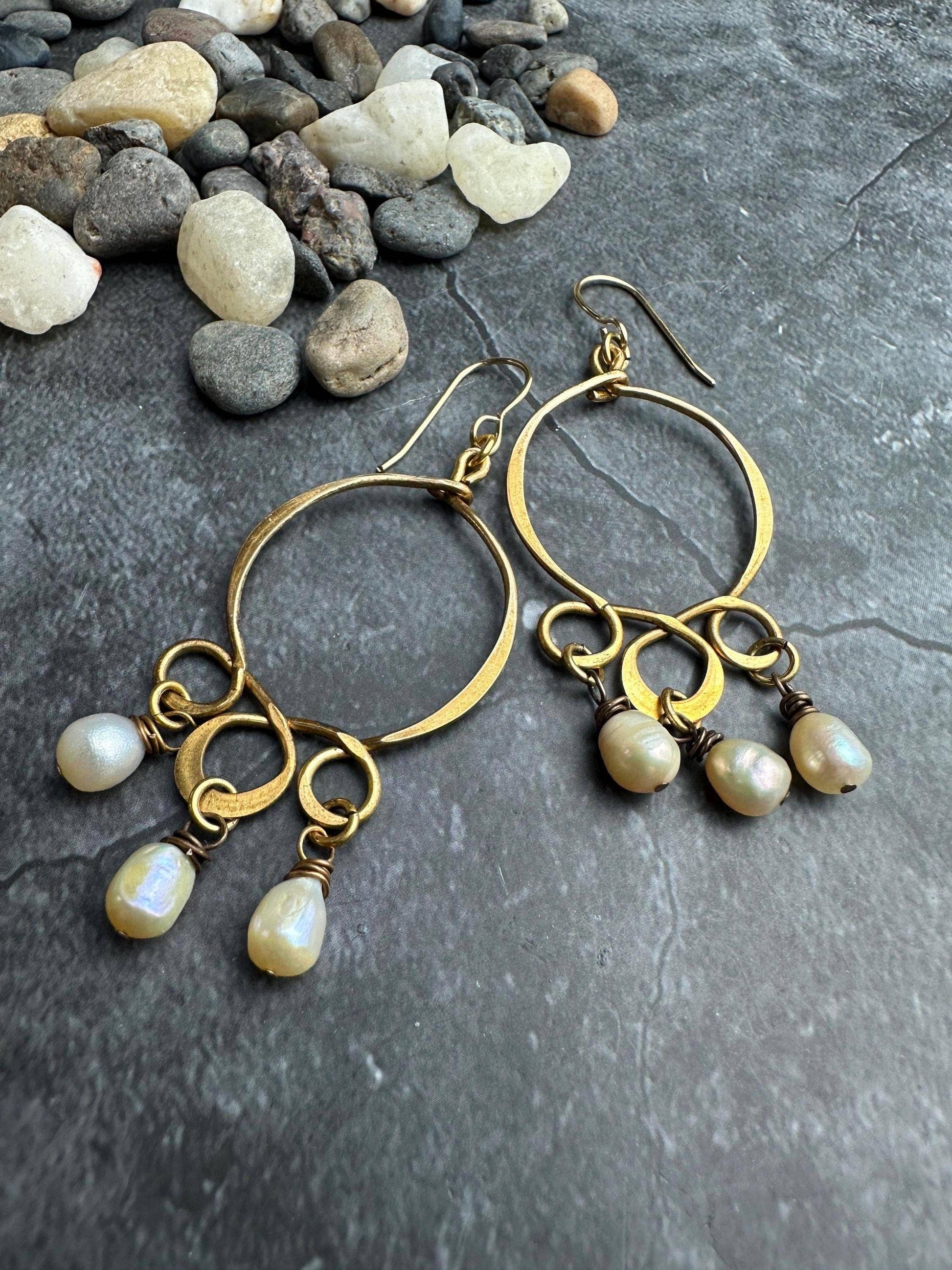 Formed & Hammered Wire Natural Pearl Earrings - Solid Brass