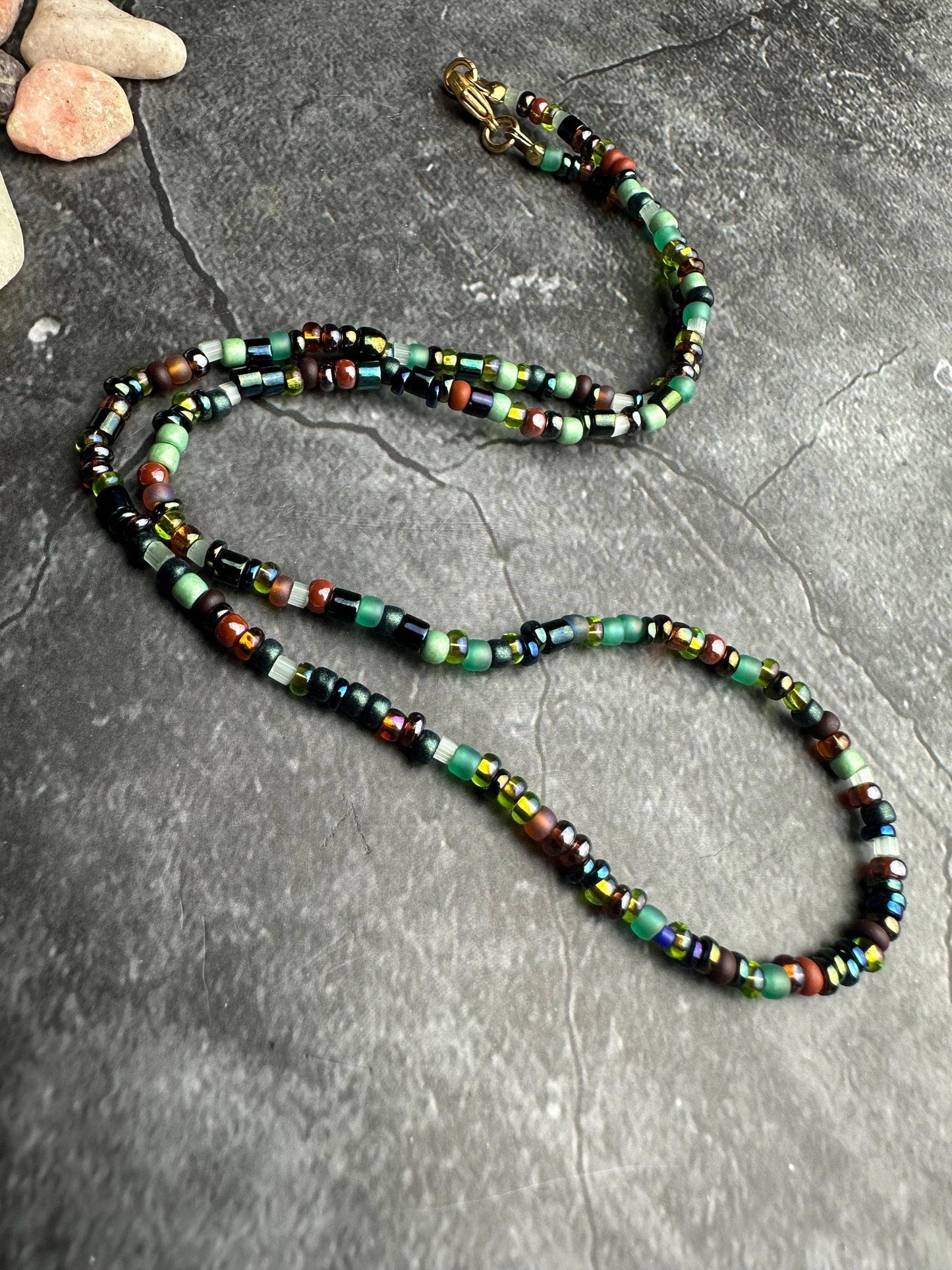 Seed Bead Necklace - Bronze Sage Green Iridescent Glass