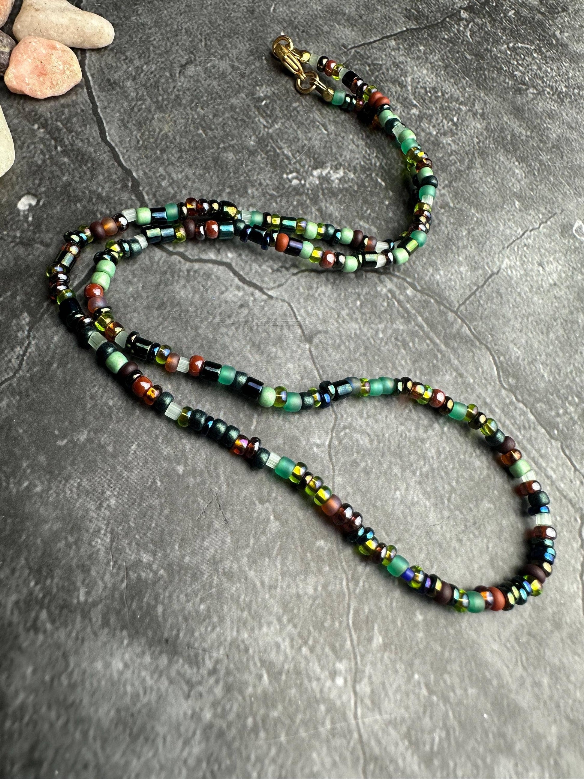 Seed Bead Necklace - Bronze Sage Green Iridescent Glass