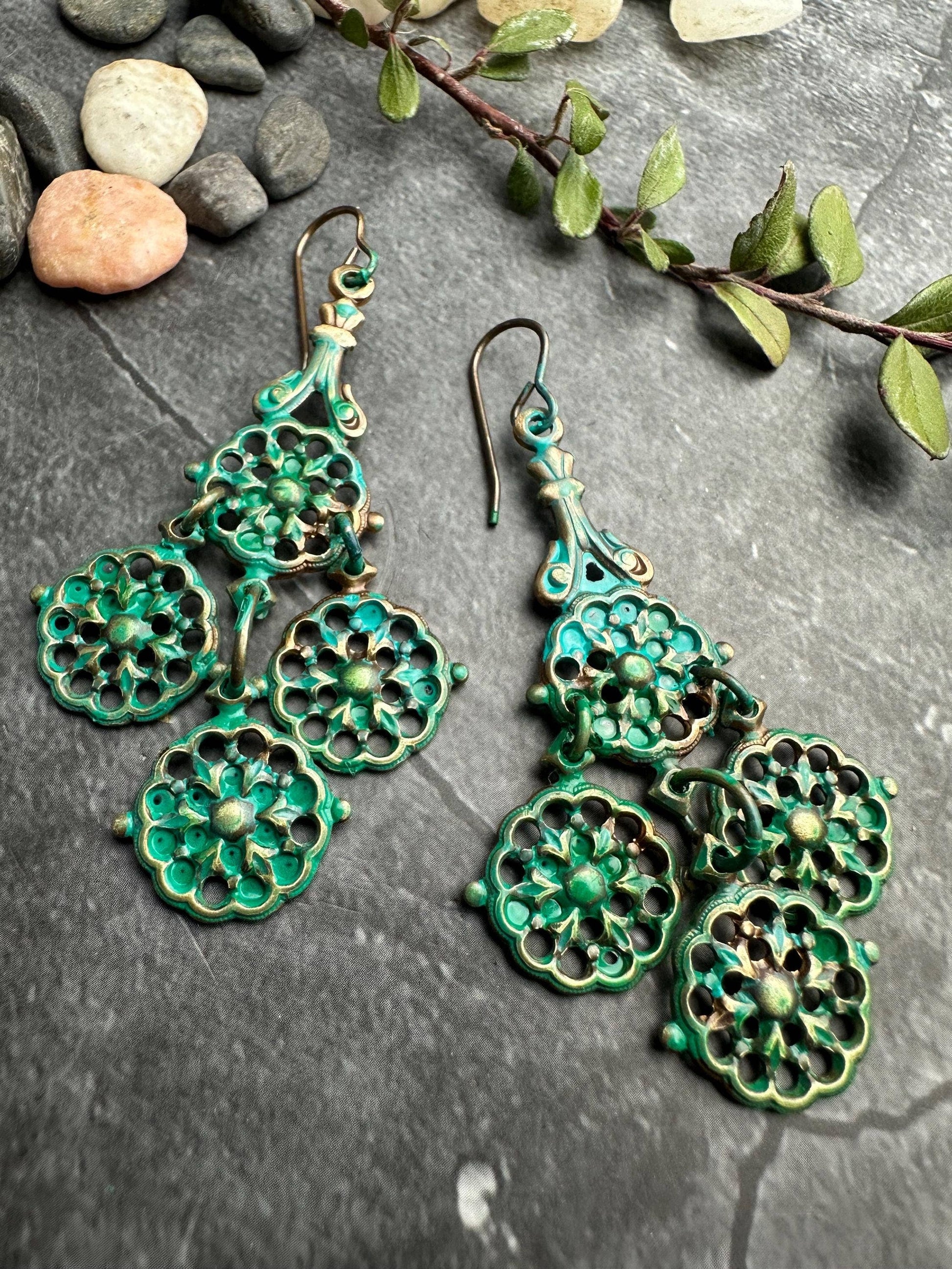 Verdigris Filigree Chandelier Earrings