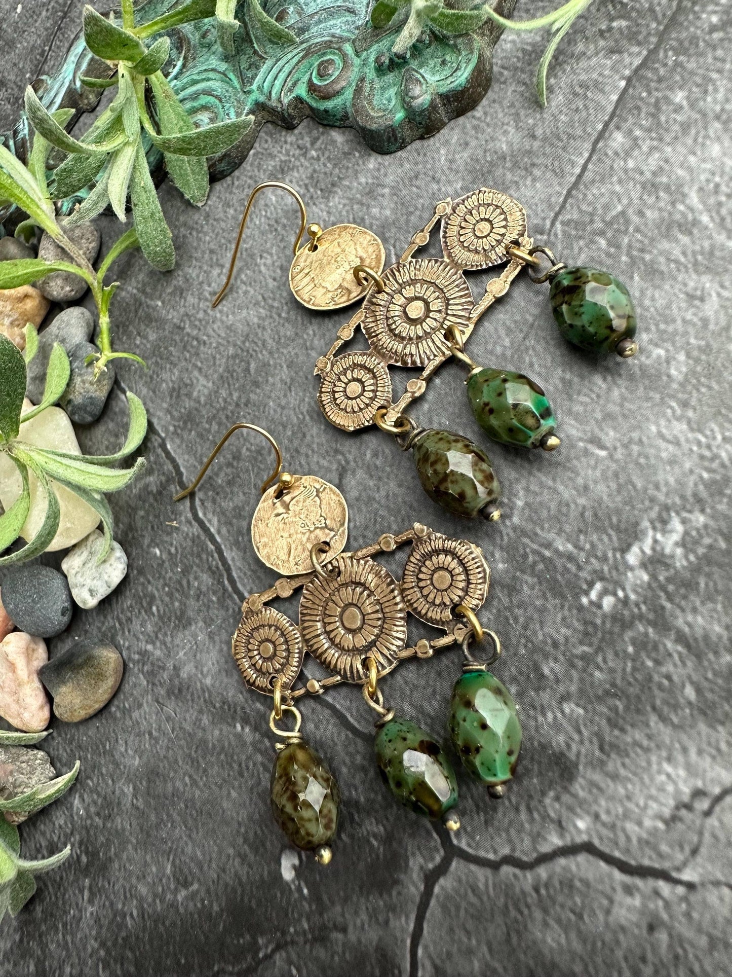 Sunburst Chandelier Earrings with Green Jasper Art Glass