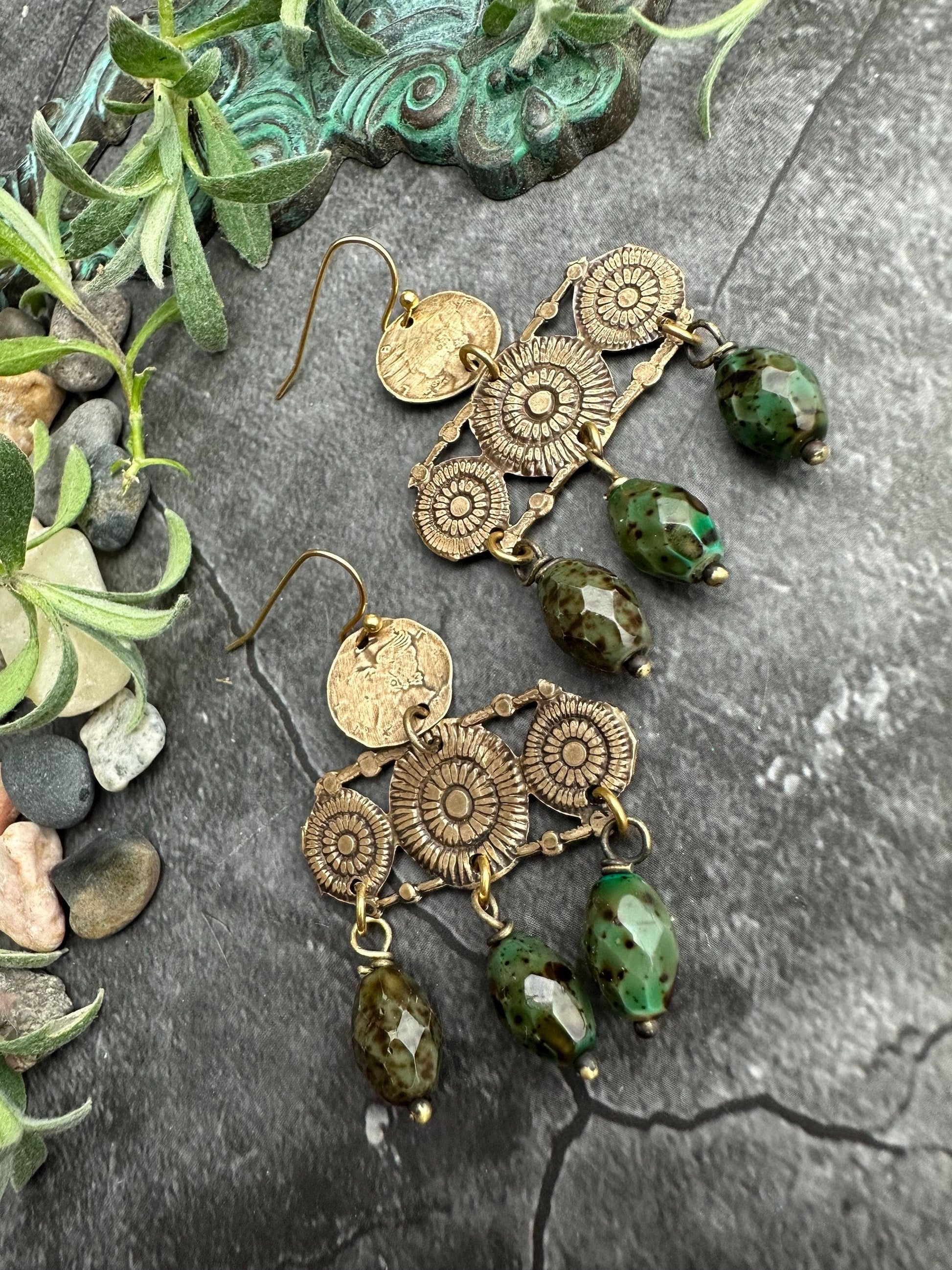 Sunburst Chandelier Earrings with Green Jasper Art Glass