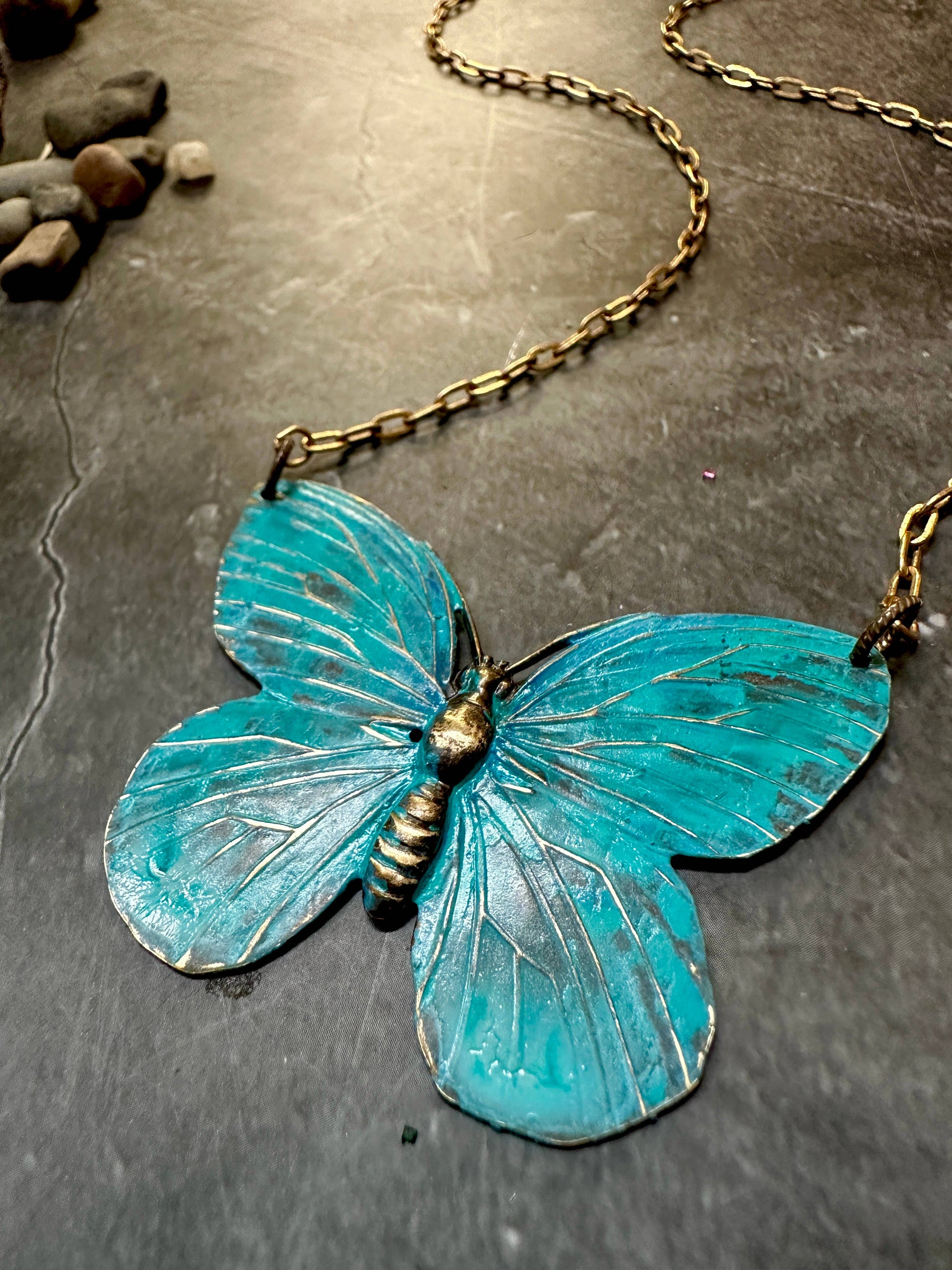 Verdigris Butterfly Necklace- Handmade Patina Solid Brass