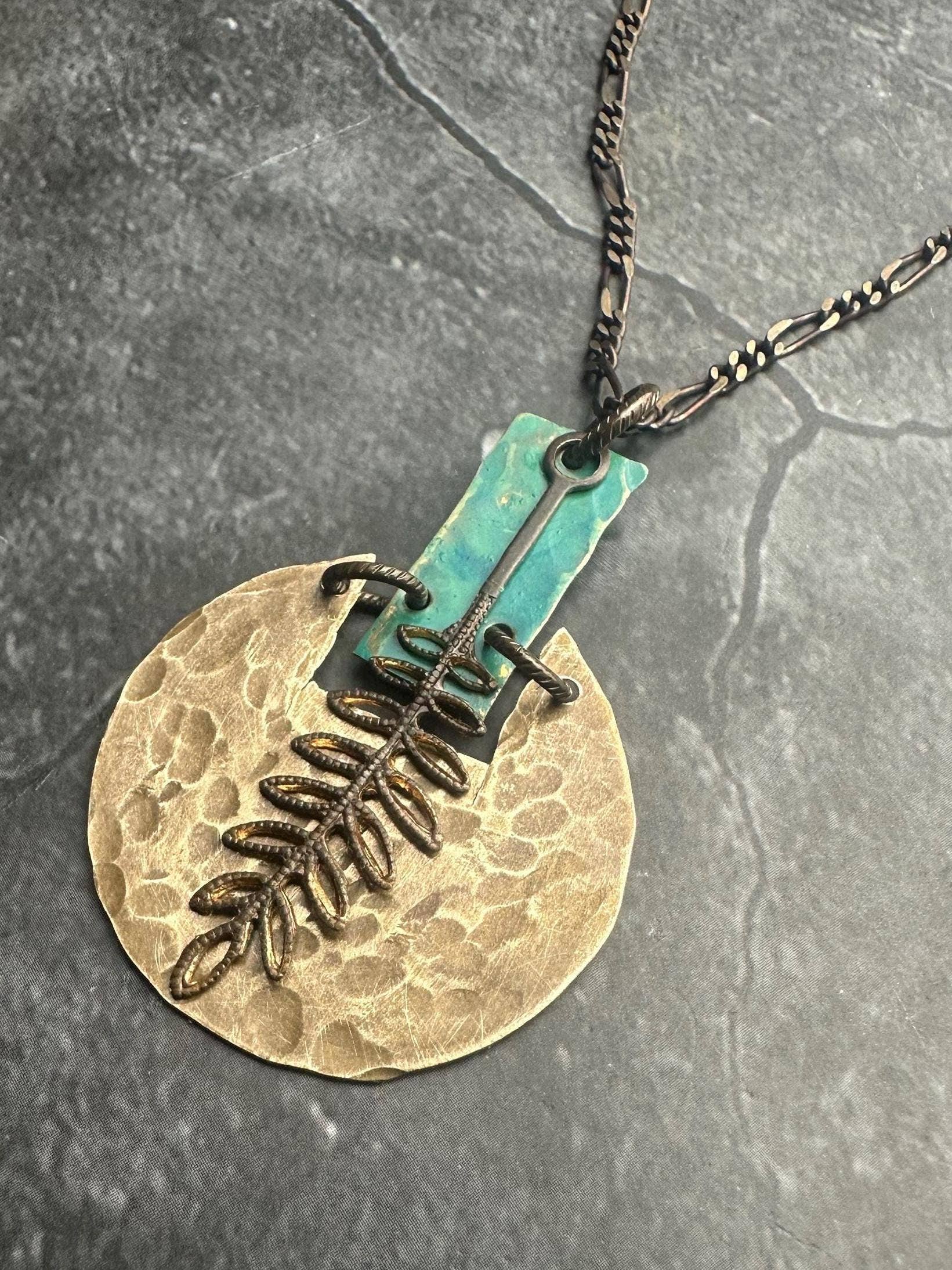 Geometric Fern Necklace - Hand shaped & Hammered Solid Brass
