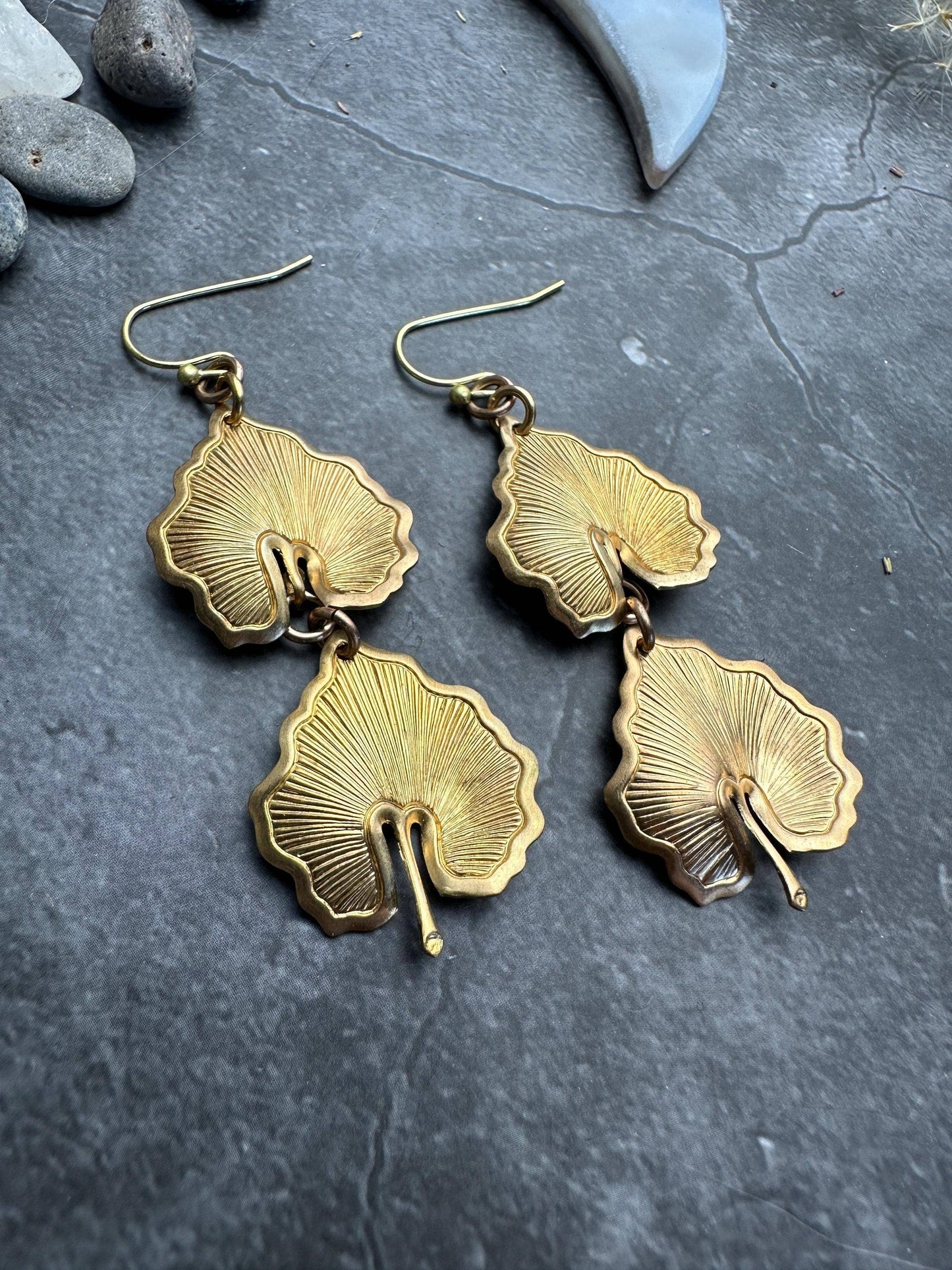 Botanical Leaf Earrings - Vintage Tooled Solid Brass