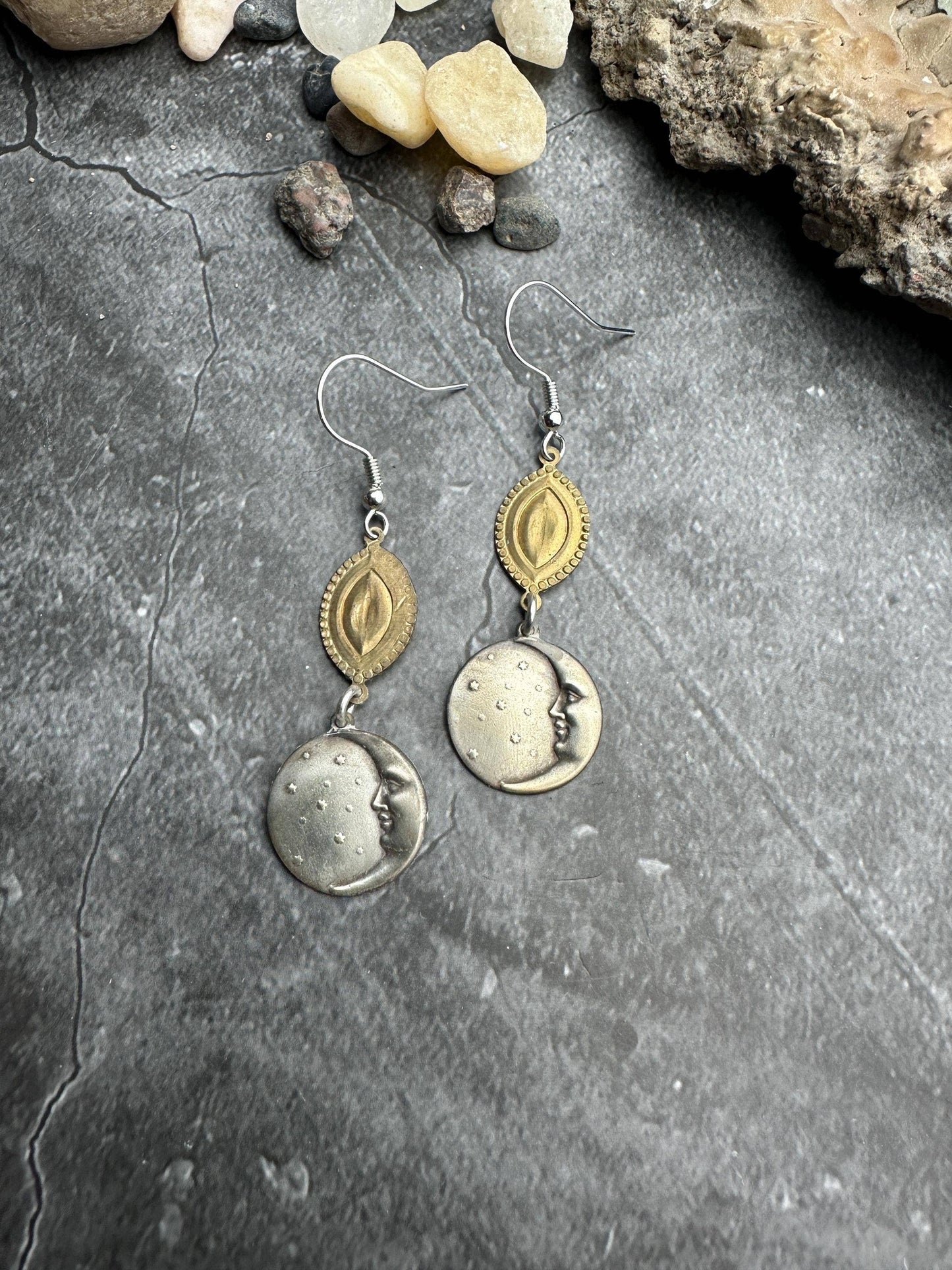 Handcrafted Man in the Moon Burnished Silver Coin Earrings