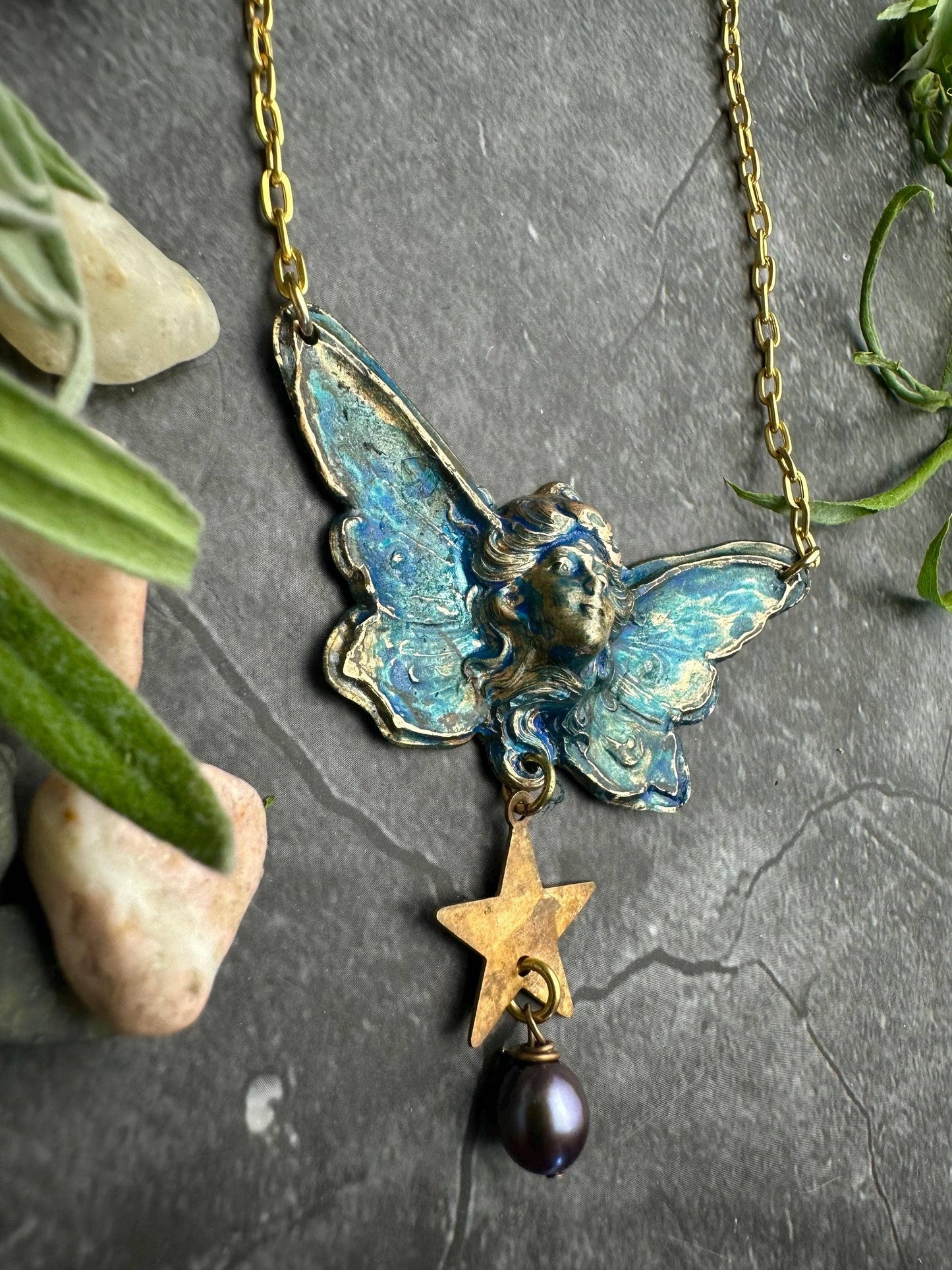 Butterfly Goddess Necklace, Art Nouveau Brass Patina Pendant