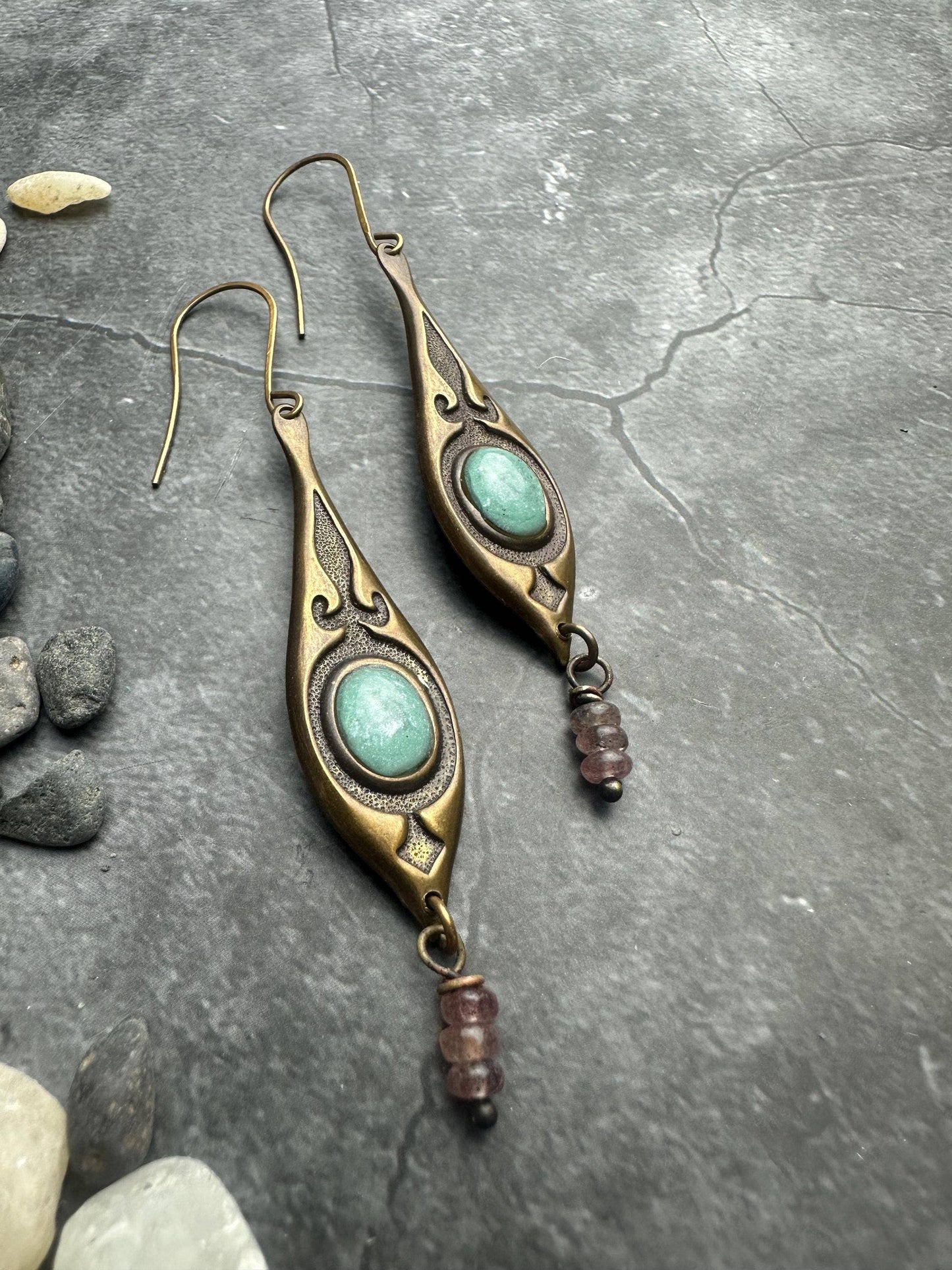 Nomad Queen Earrings - Brass Green Rose Quartz