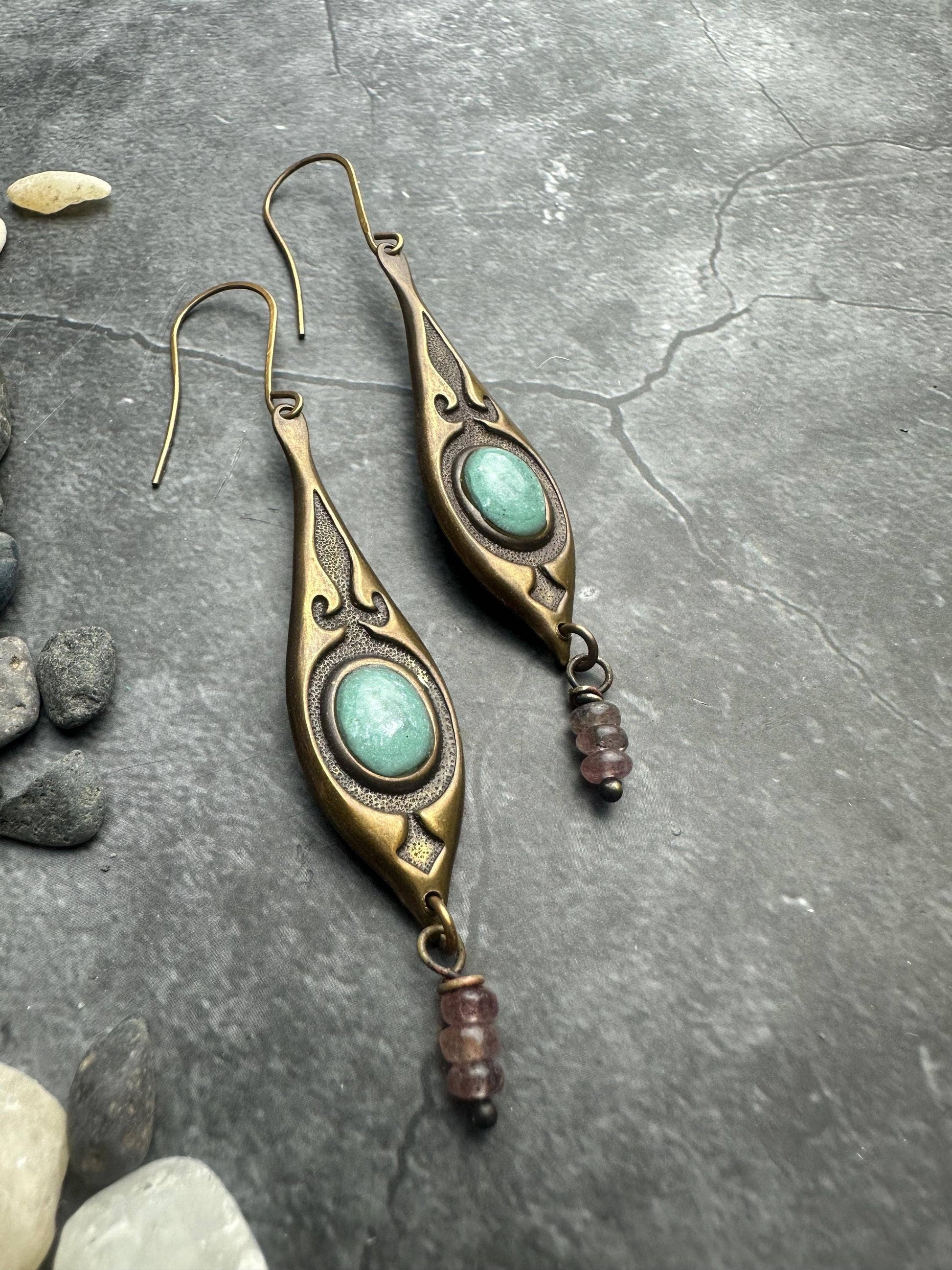 Nomad Queen Earrings - Brass Green Rose Quartz