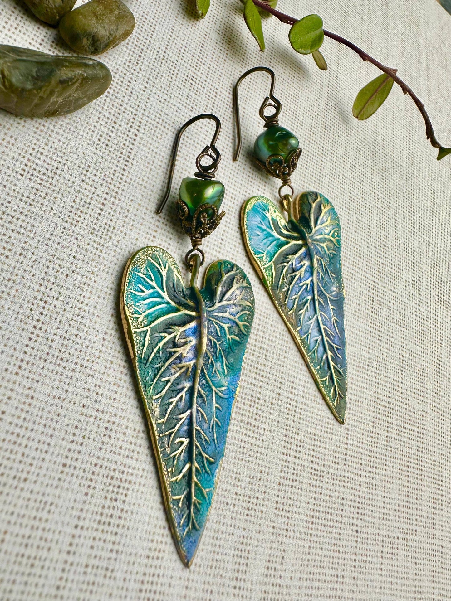 Patina Leaf Earrings with Freshwater Pearl