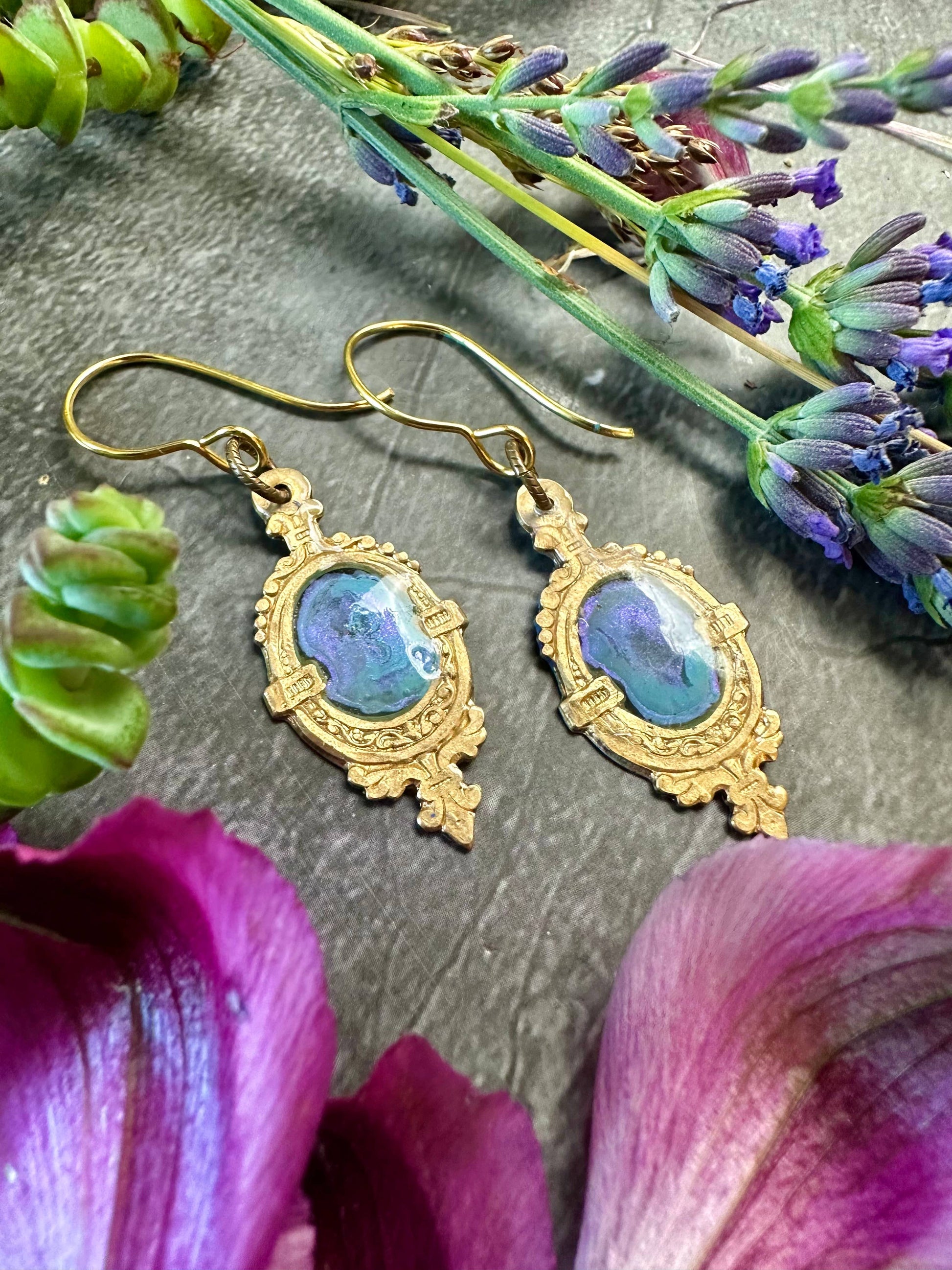 Gilded Pool Iridescent Earrings- Hand Beaten Brass Resin