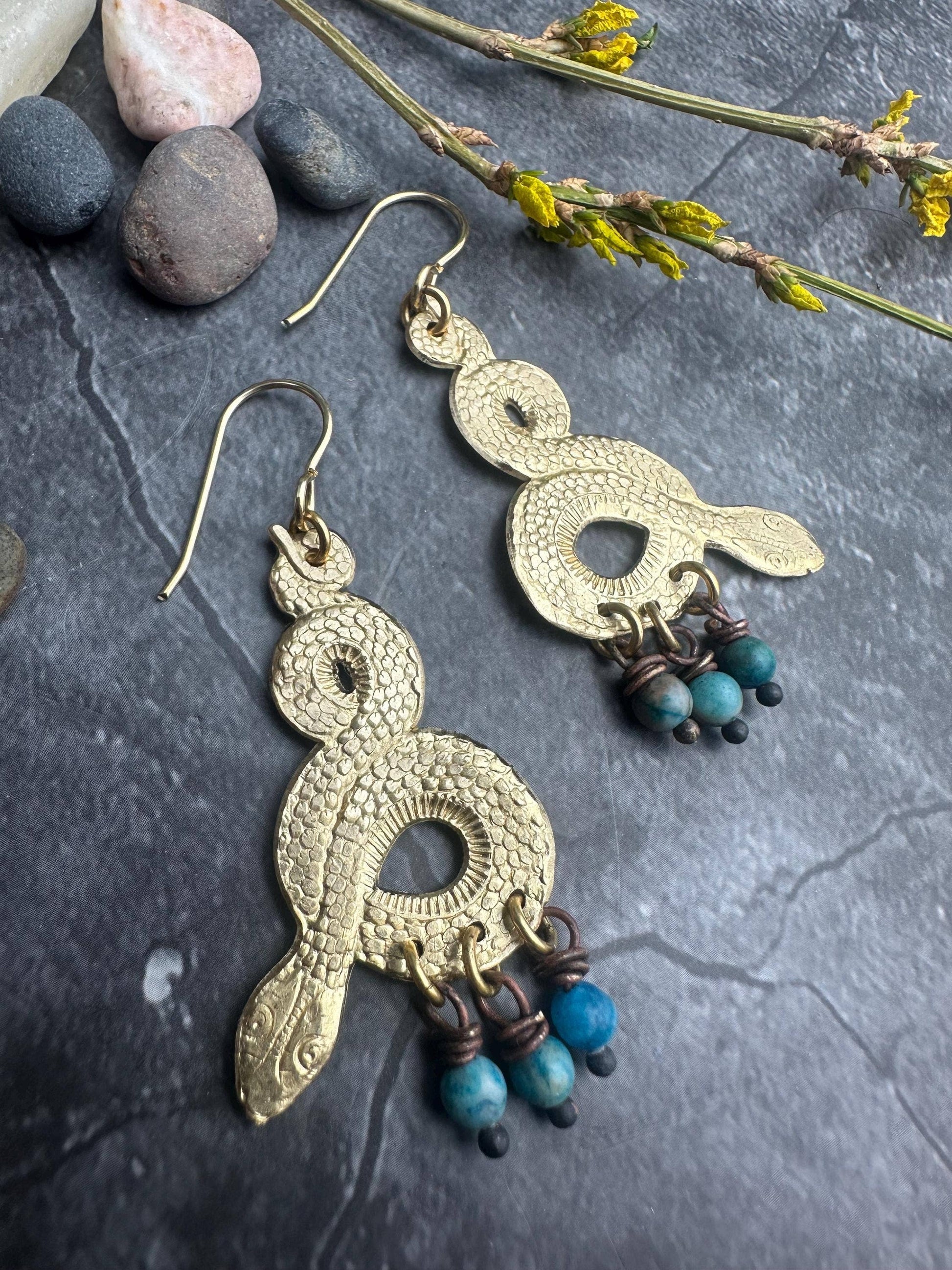 Snake Dangle Earrings - Brass Serpent with Blue Agate Drops