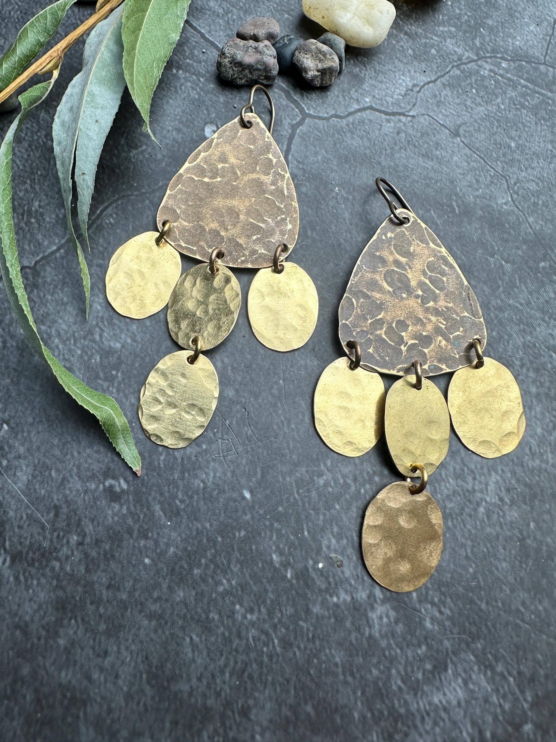 Geometric chandelier - Handmade Solid Beaten Brass Earrings