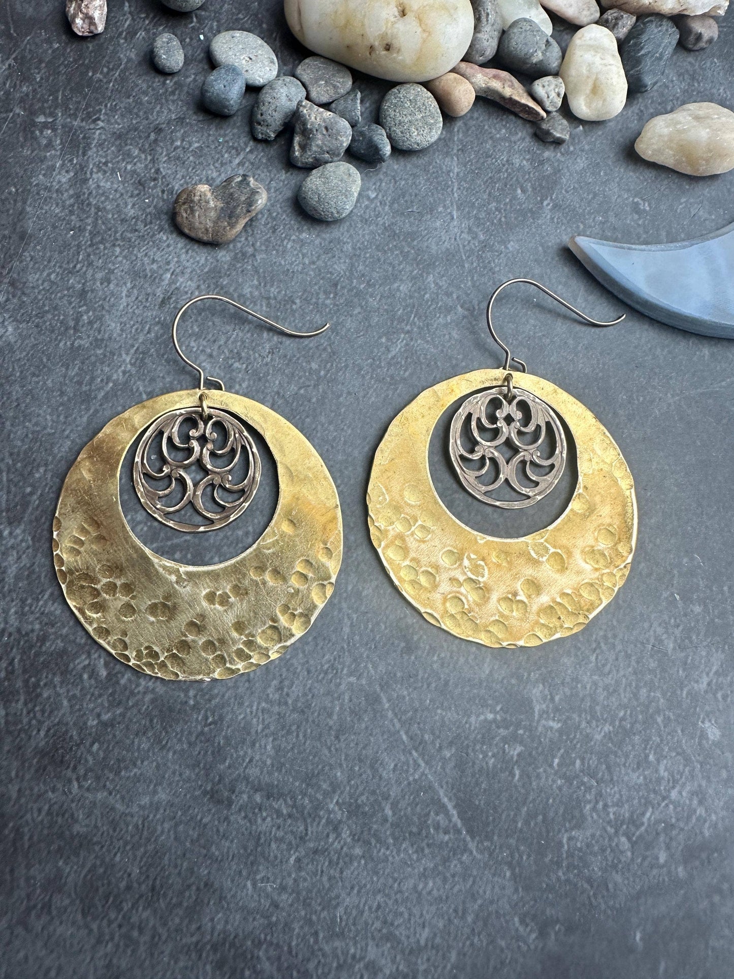 Large Geometric Hoop Earrings - Hand Hammered Solid Brass