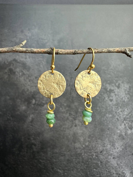 Shimmering Circle Moss Agate Textured Brass Earrings