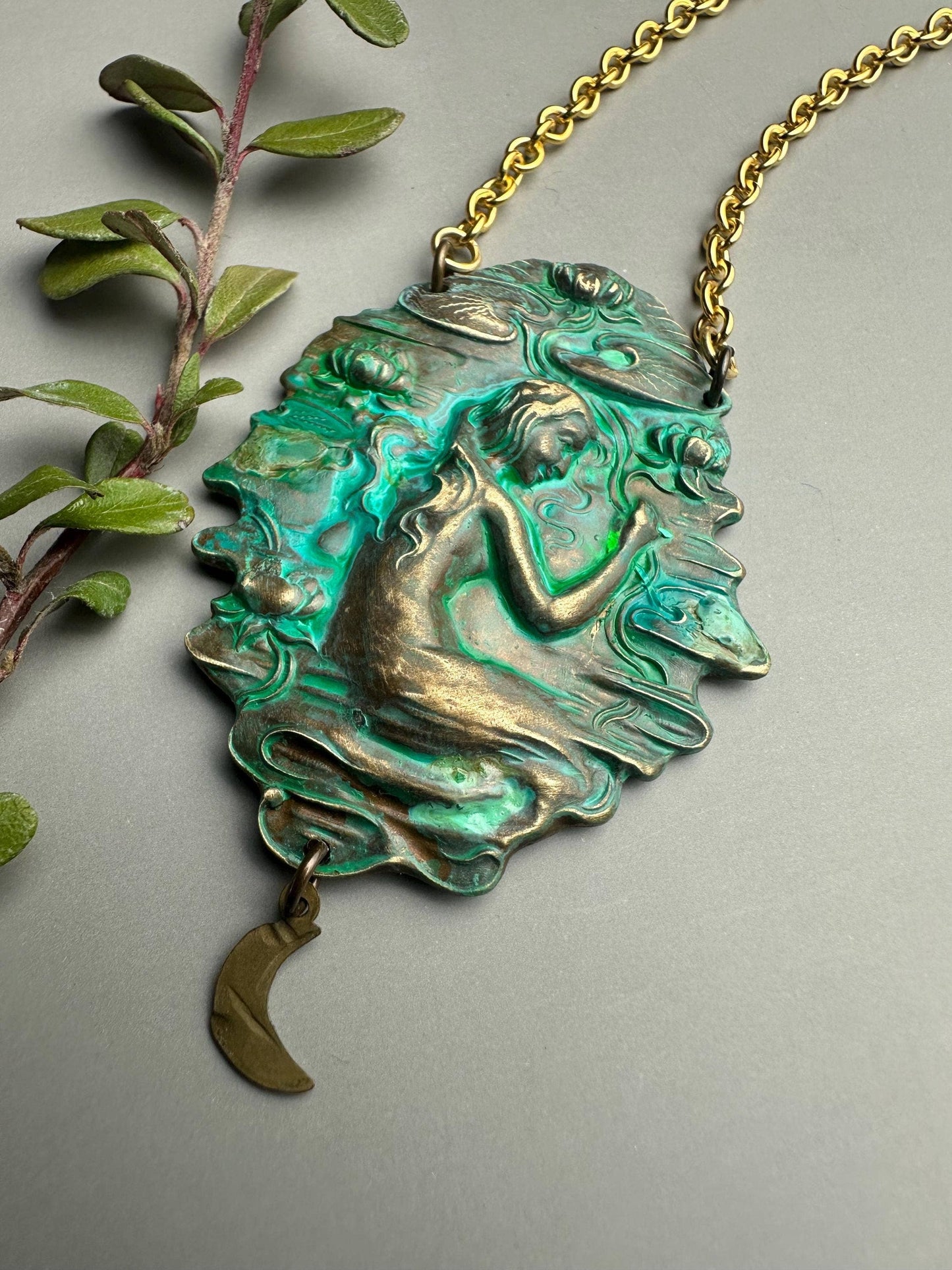 Art Nouveau Goddess Necklace - Verdigris Patina Pendant