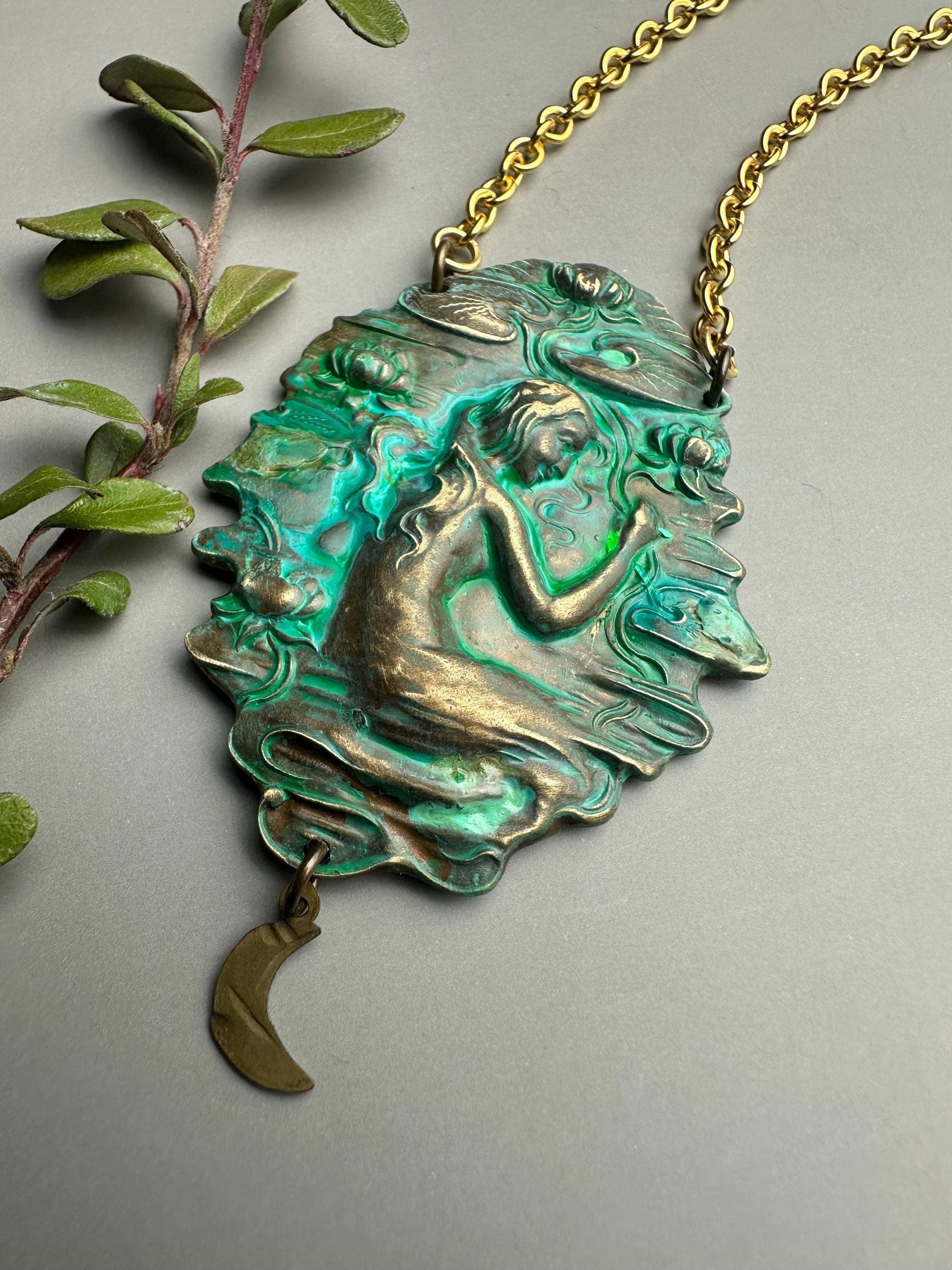 Art Nouveau Goddess Necklace - Verdigris Patina Pendant