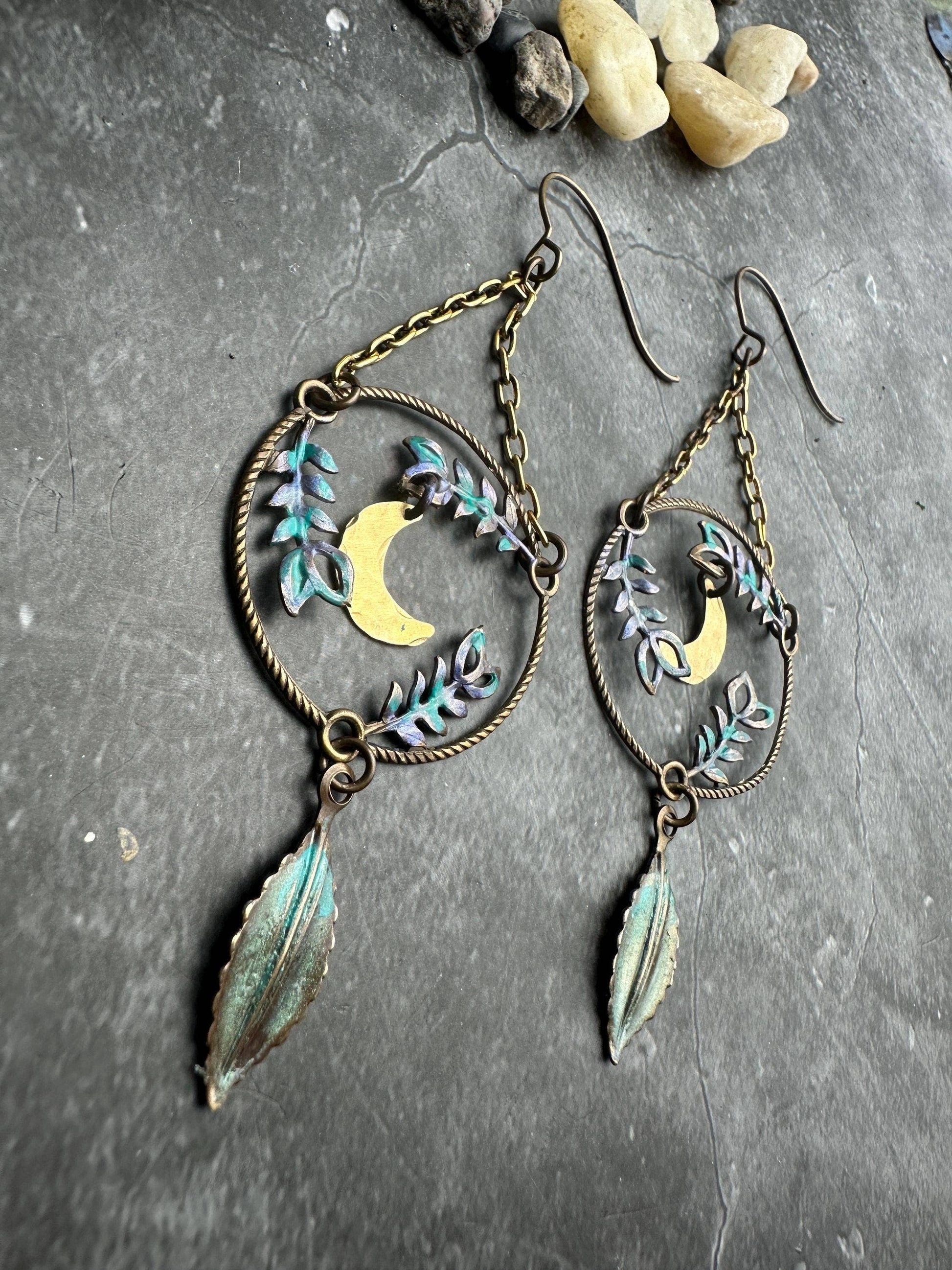 Fern Forest Moon Earrings - Iridescent Patina Brass