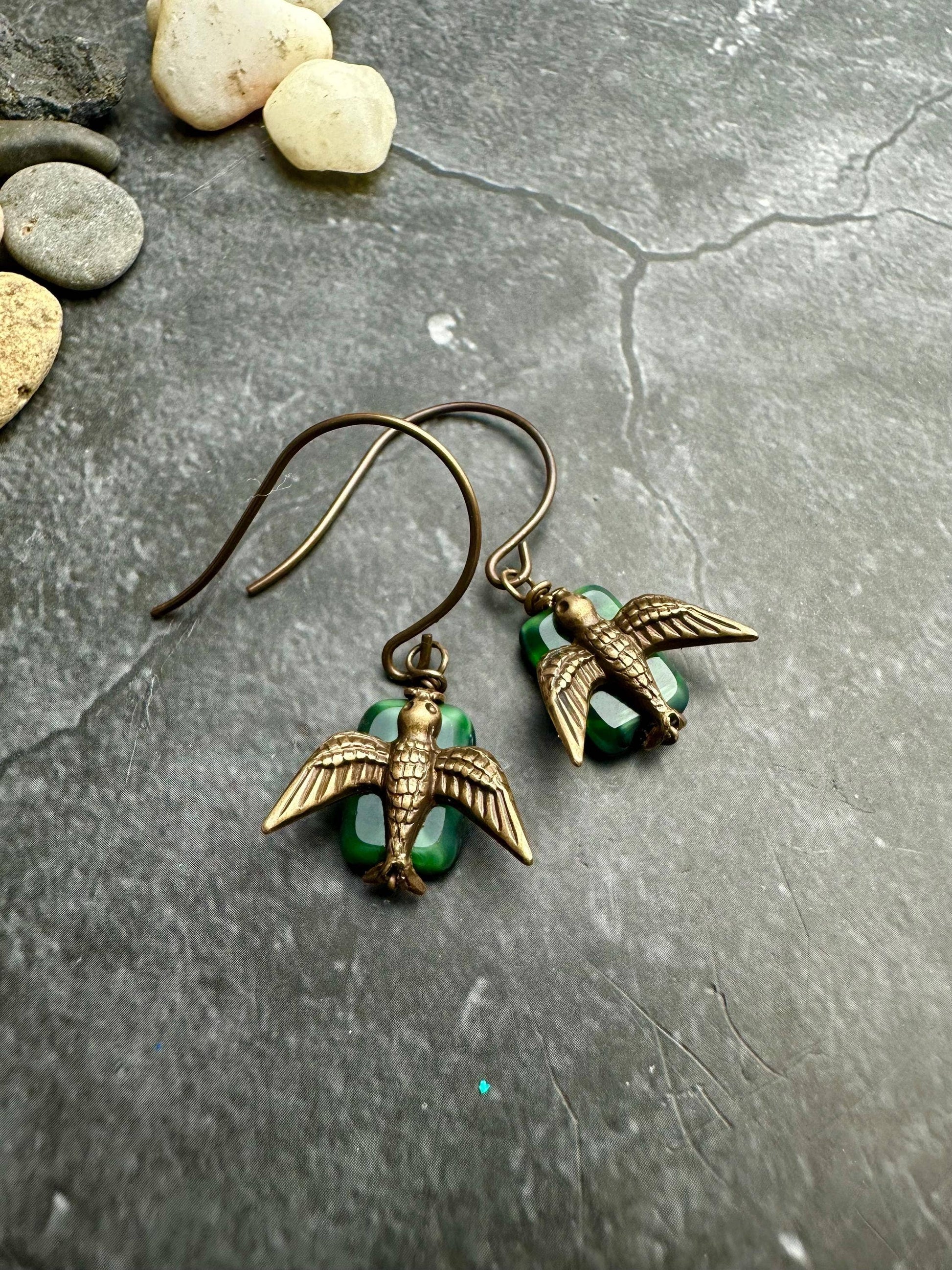 Brass Bird Encased Glass Rectangle Earrings