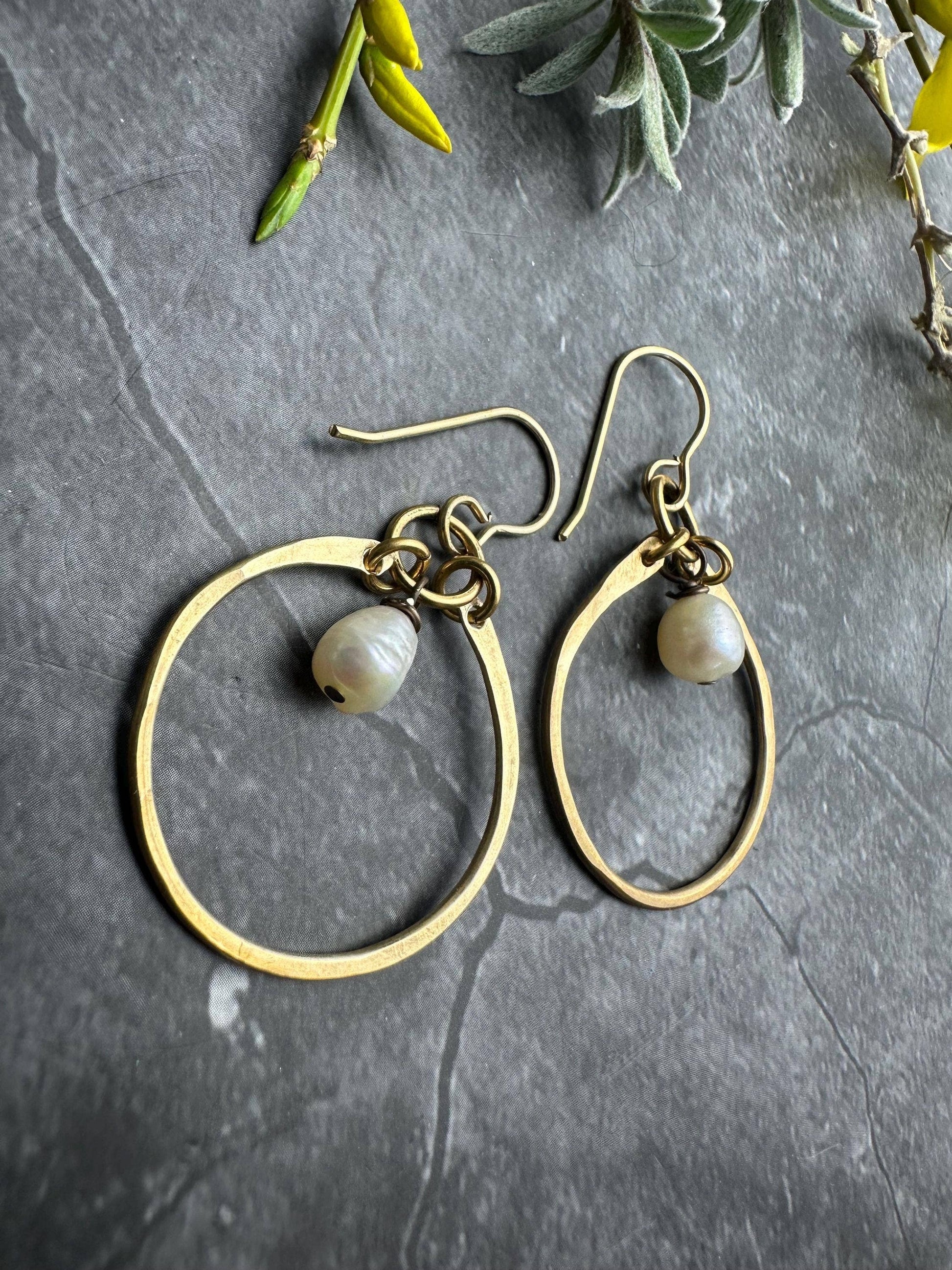Freshwater Pearl Hoop Earrings - Brass Hoops