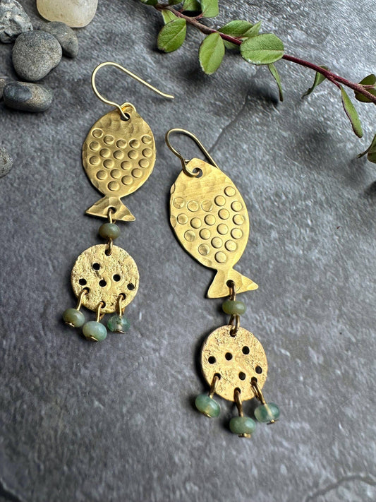 River Fish Dangle Earrings with Moss Agate