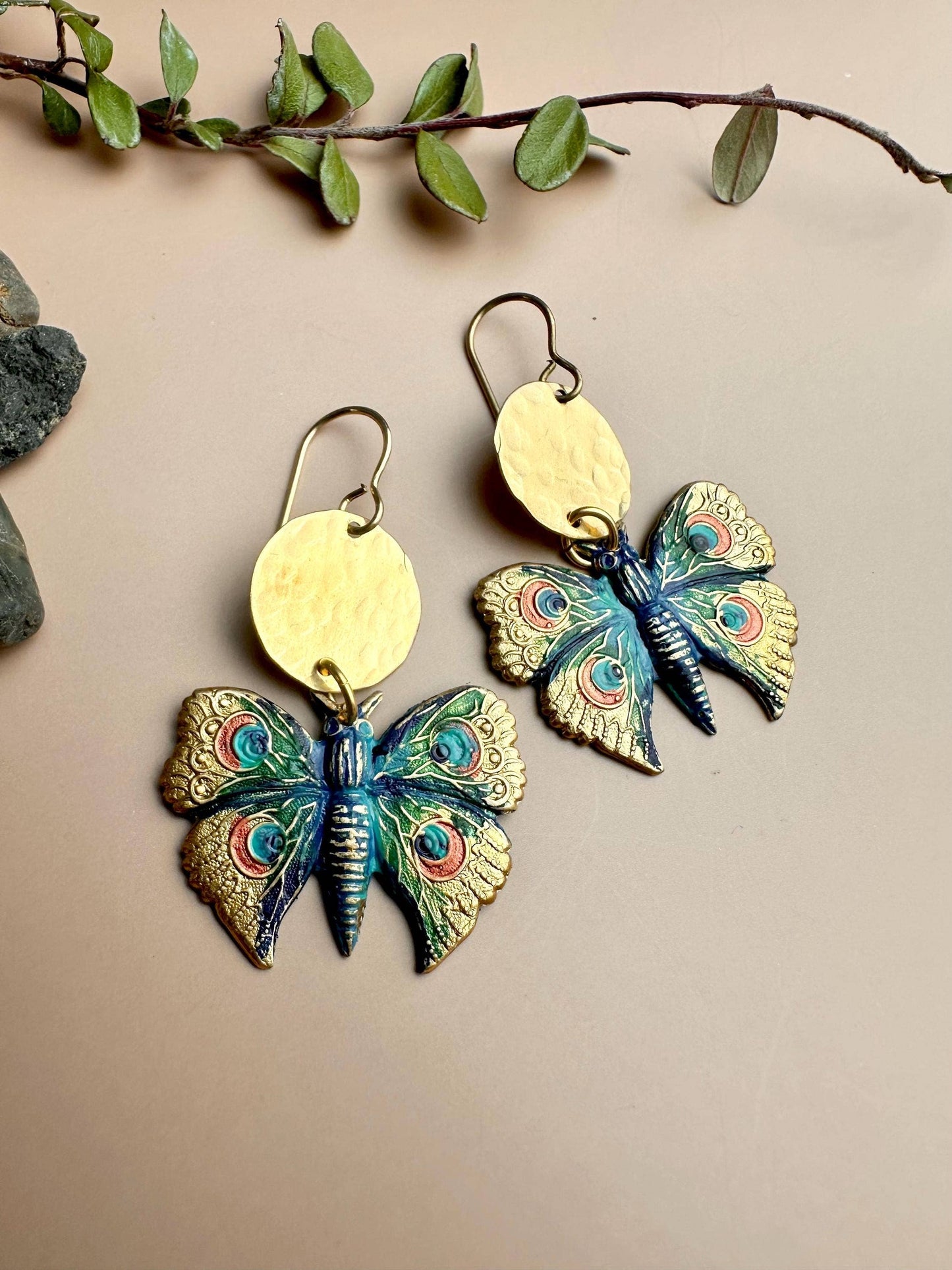 Peacock Butterfly Earrings - Hand Painted Brass Dangles