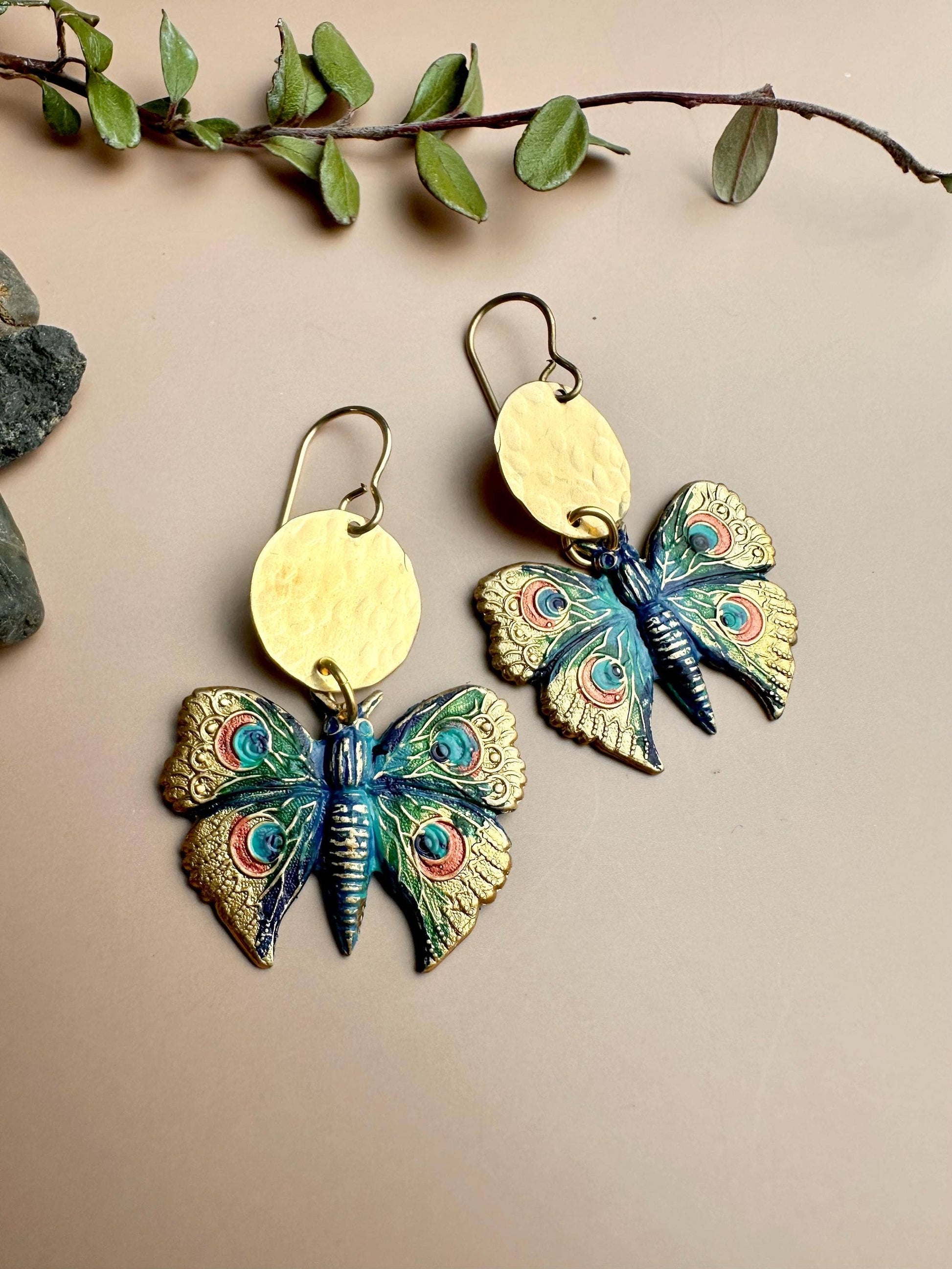 Peacock Butterfly Earrings - Hand Painted Brass Dangles