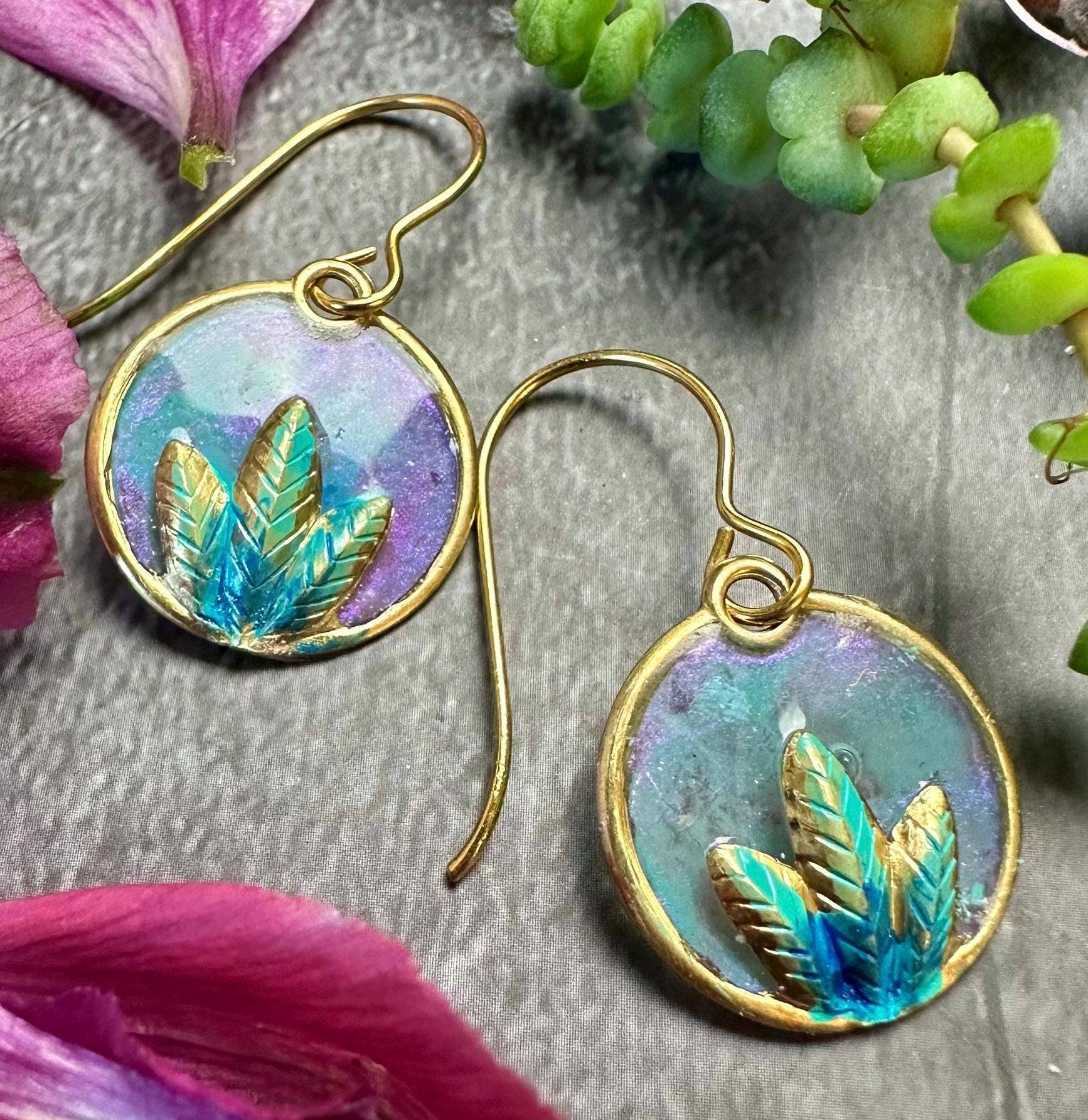 Lotus Leaf Earrings - Iridescent Patina Hand Colored Resin