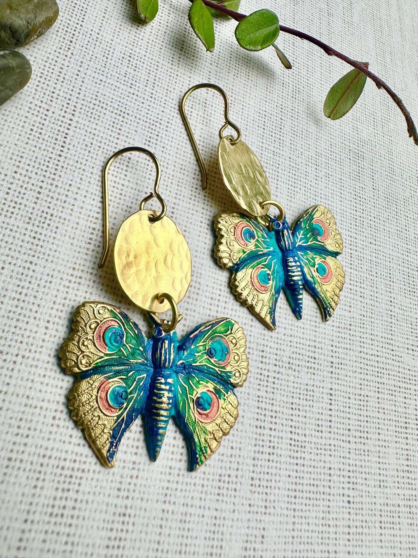 Peacock Butterfly Earrings - Hand Painted Brass Dangles