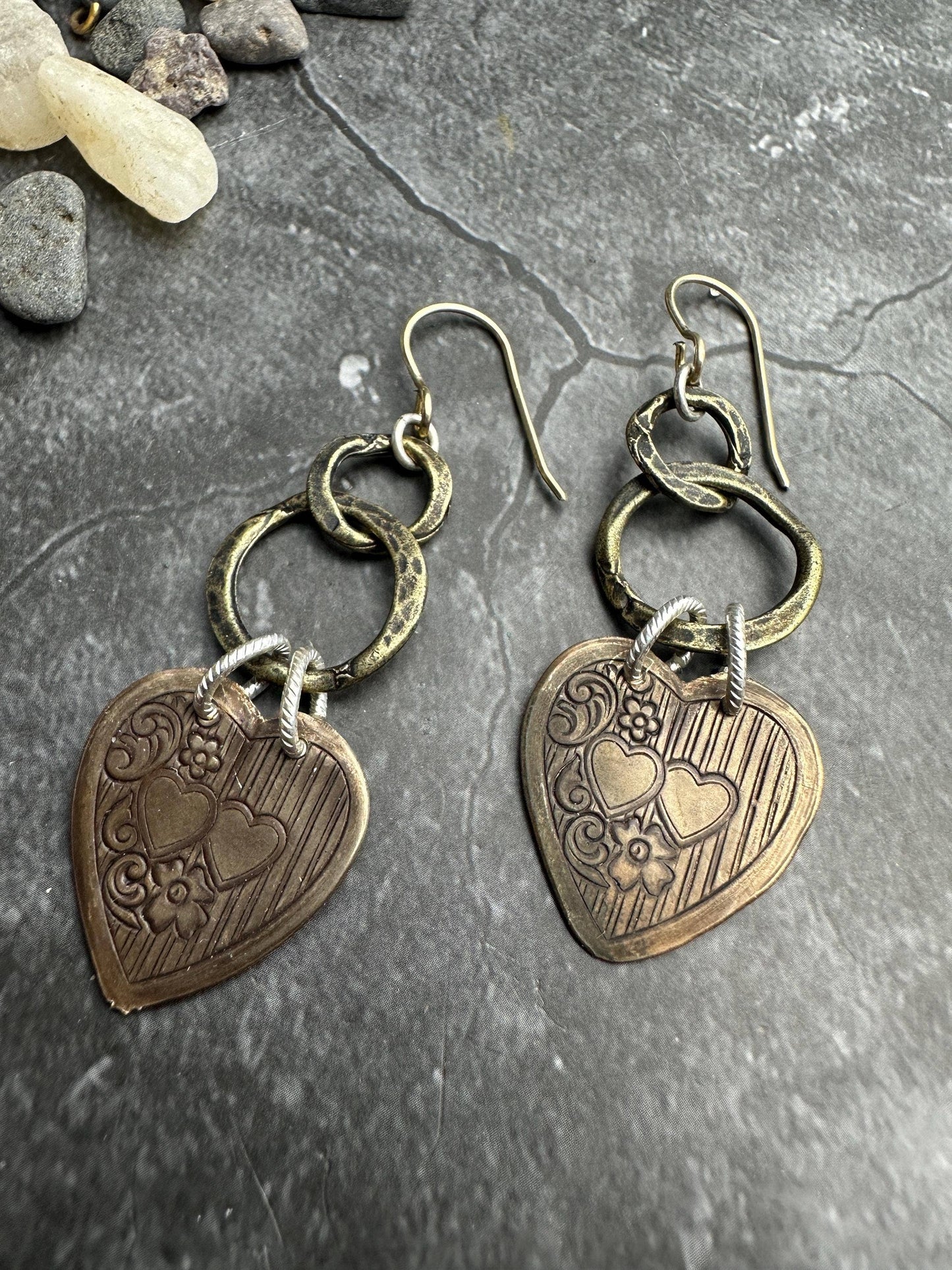 Chained Heart Mixed Metal steampunk Earrings