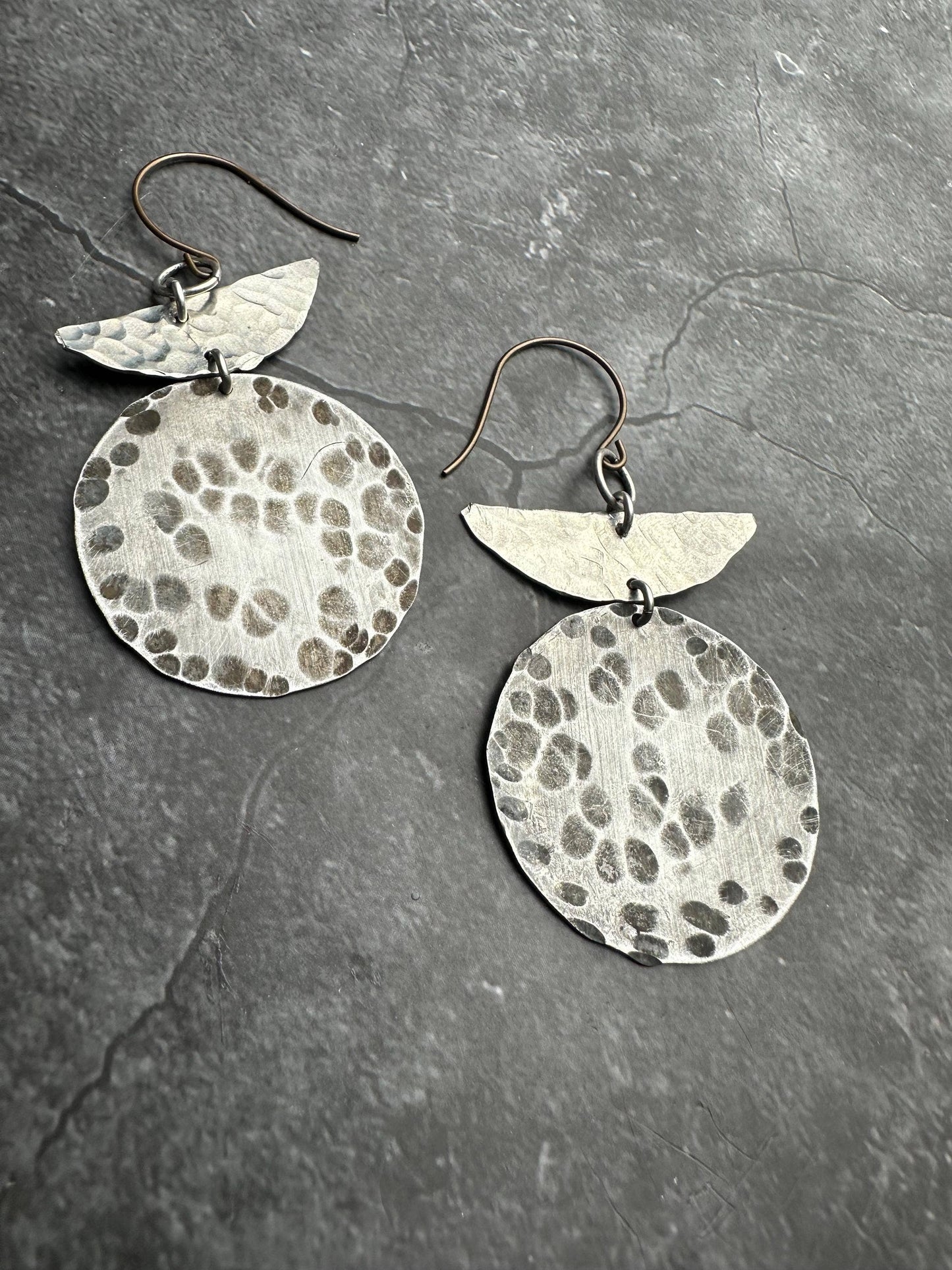 Geometric Shape Earrings - Hammered Silver & Pewter ox