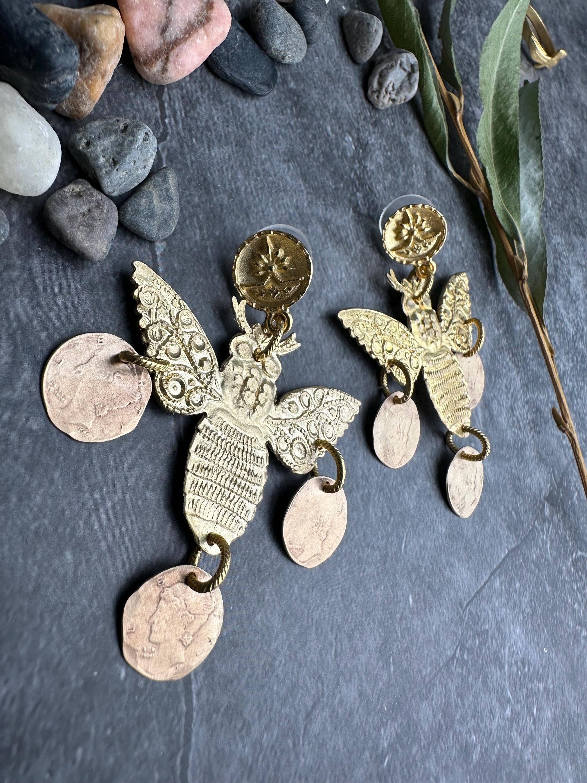Bee Chandelier Earrings - Minoan Inspired Brass Post Dangle