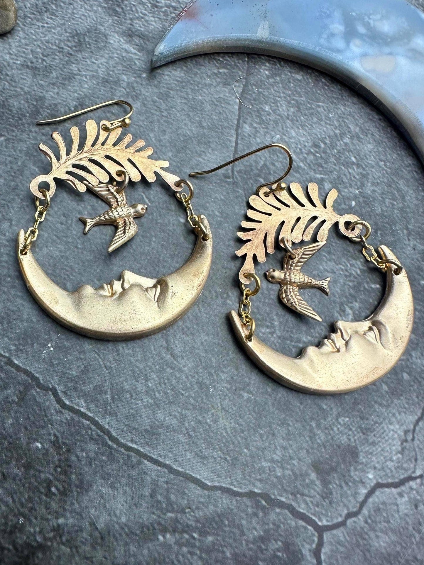 Luna Messenger Earrings - Crescent Moon Face with Bird