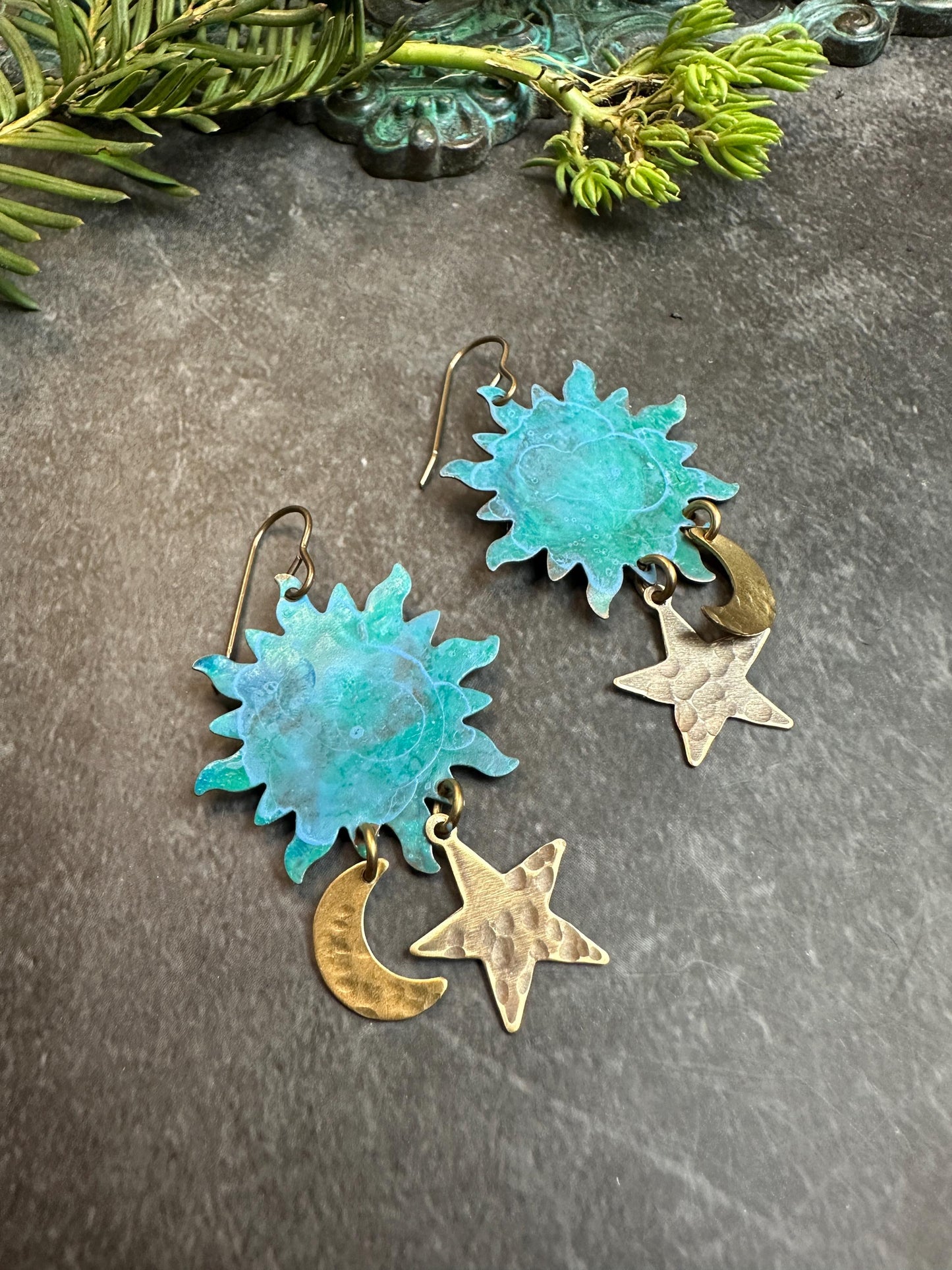 Celestial Sun Moon & Stars Earrings - Handmade Solid Beaten Brass Hand Patina