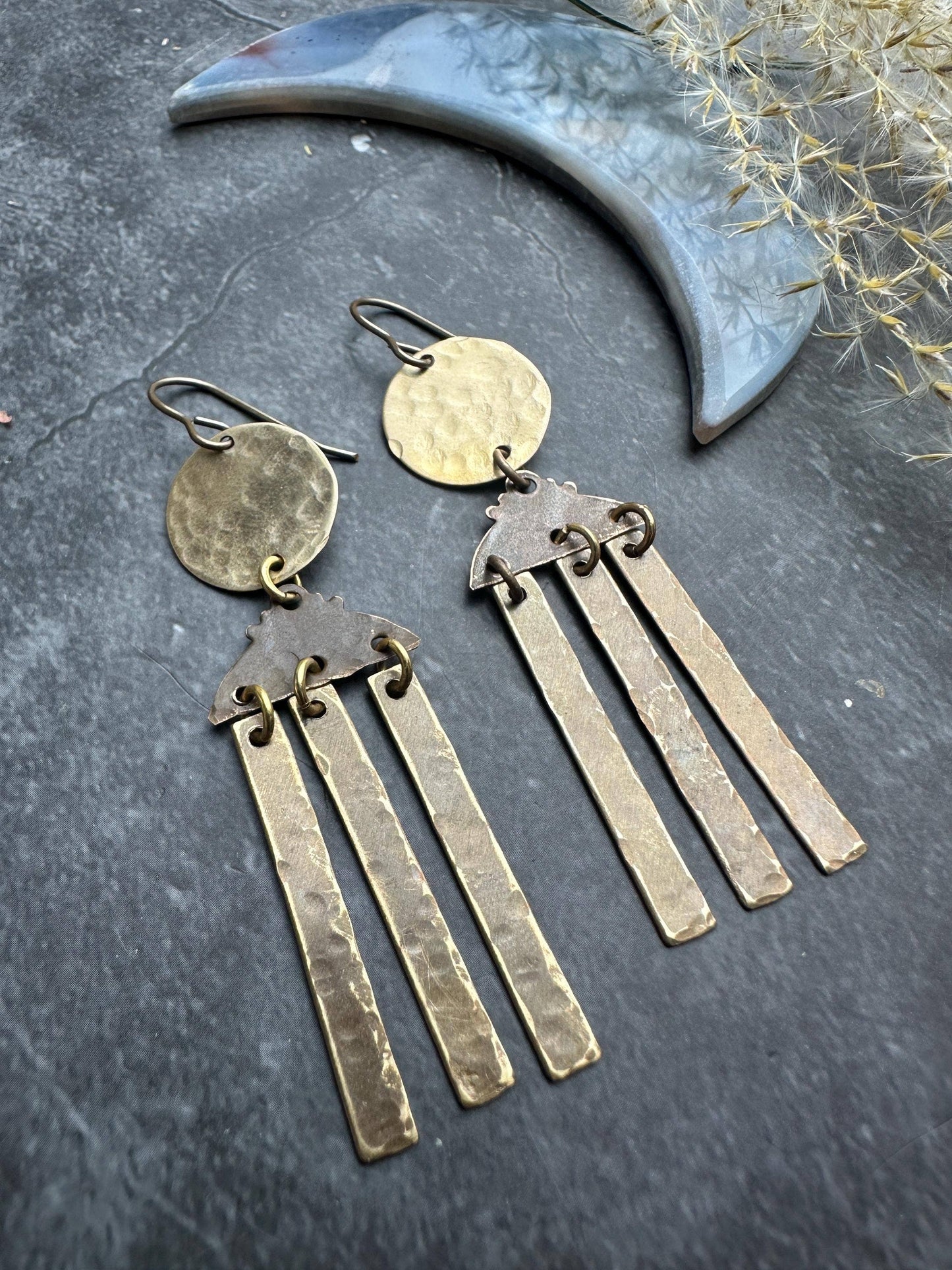 Rising Sun chandelier - Handmade Solid Beaten Brass Earrings